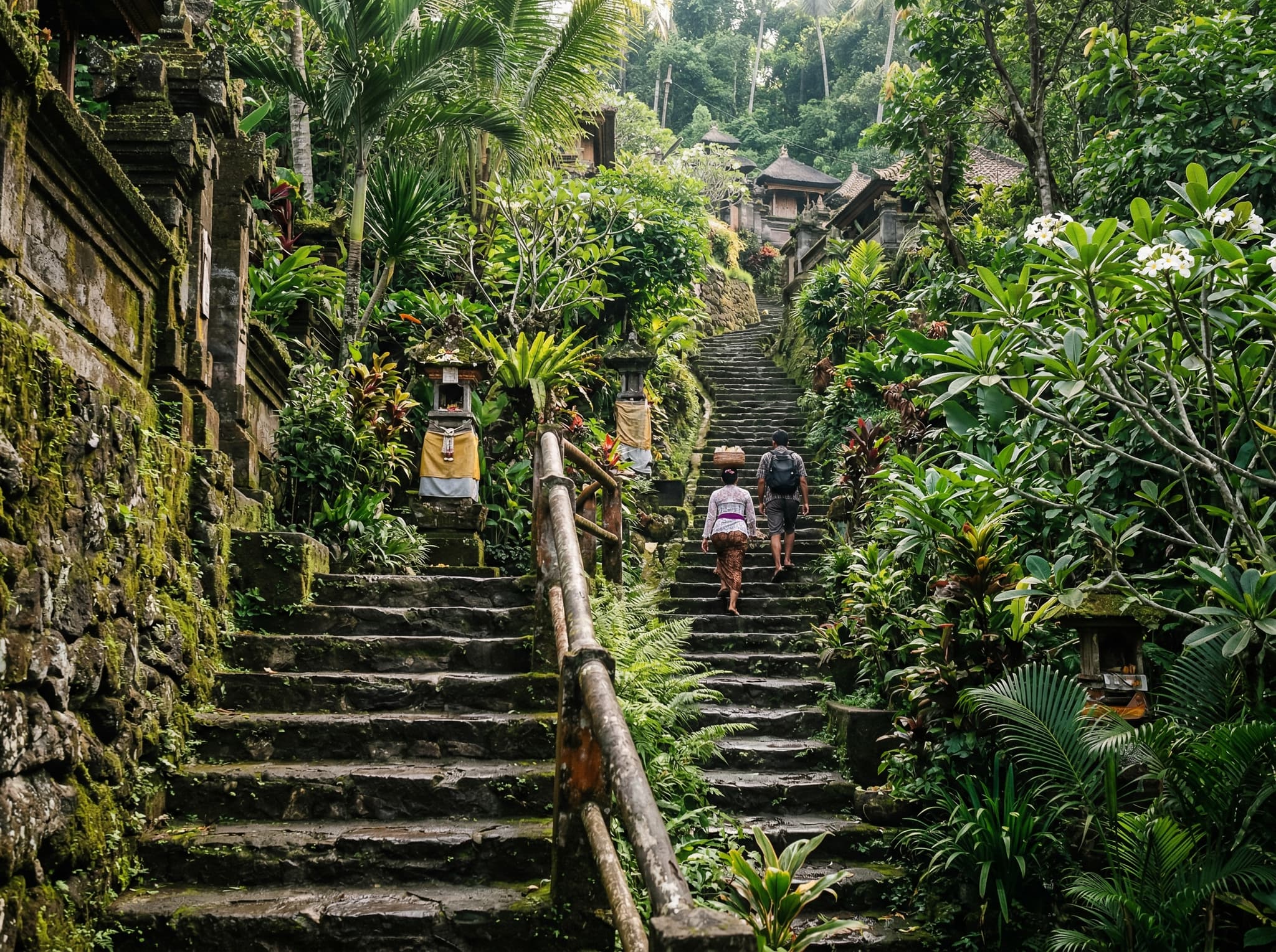 The Penestanan Steps — a steep, mossy stone staircase rising from the Campuhan bridge area toward Penestanan village — the physical threshold between Ubud's busy tourist center and the quiet artist neighborhood above