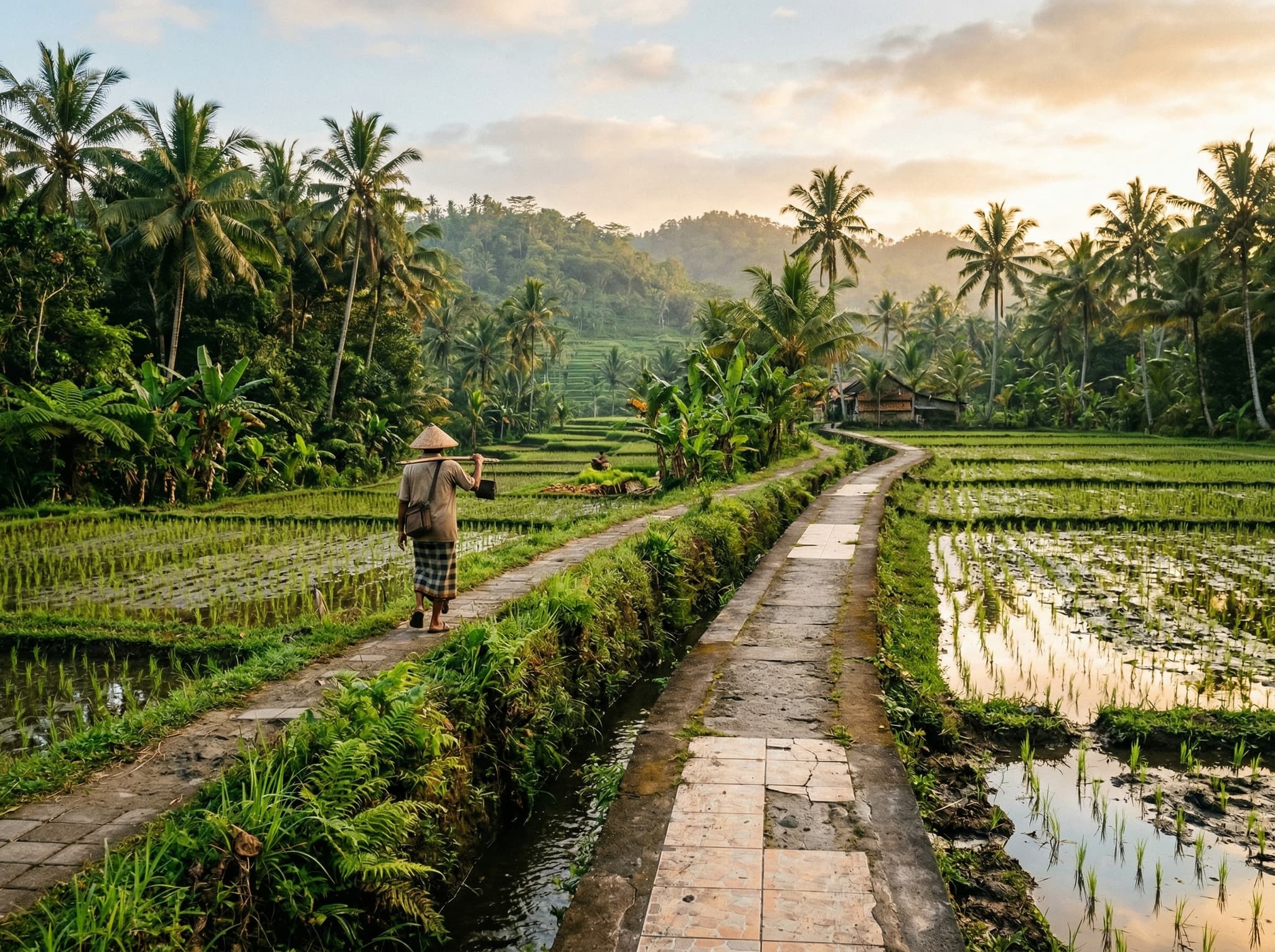 The Penestanan rice field walk — narrow tiled paths cutting between flooded paddies and coconut palms in the early morning, with warm low light across the water — the village's main draw for visitors seeking an unengineered Bali landscape experience