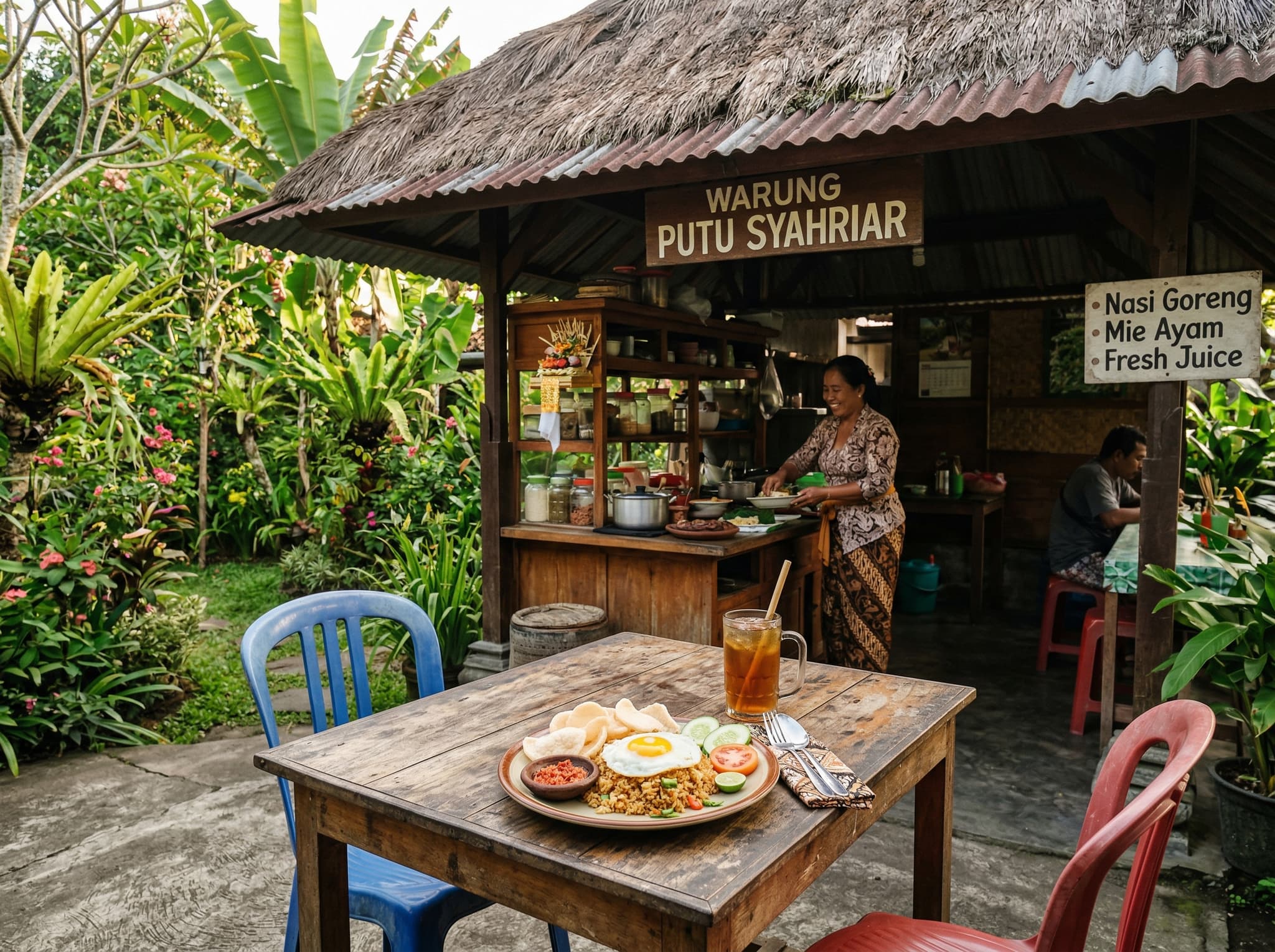 An open-air warung in Penestanan village serving Indonesian food — nasi goreng, grilled chicken, local dishes — representing the informal, affordable dining scene that defines eating in this quiet Balinese neighborhood