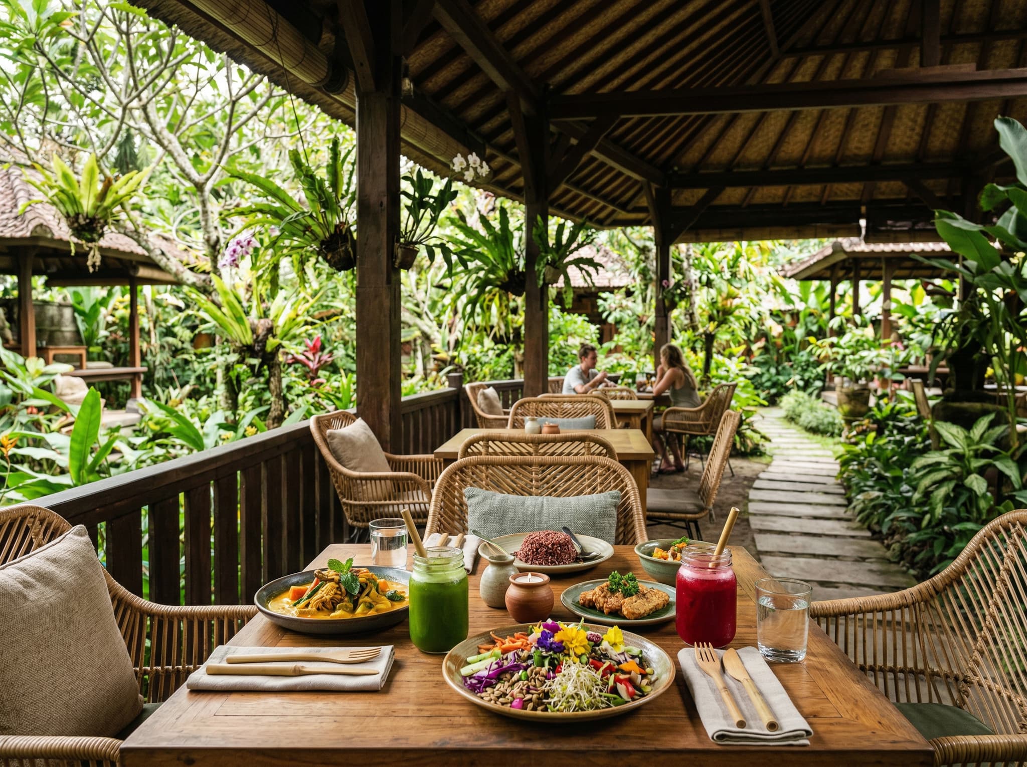 Moksa restaurant's garden setting near Penestanan, Ubud — a vegetarian restaurant reached via the rice field path, known for organic ingredients and a lush, secluded garden atmosphere