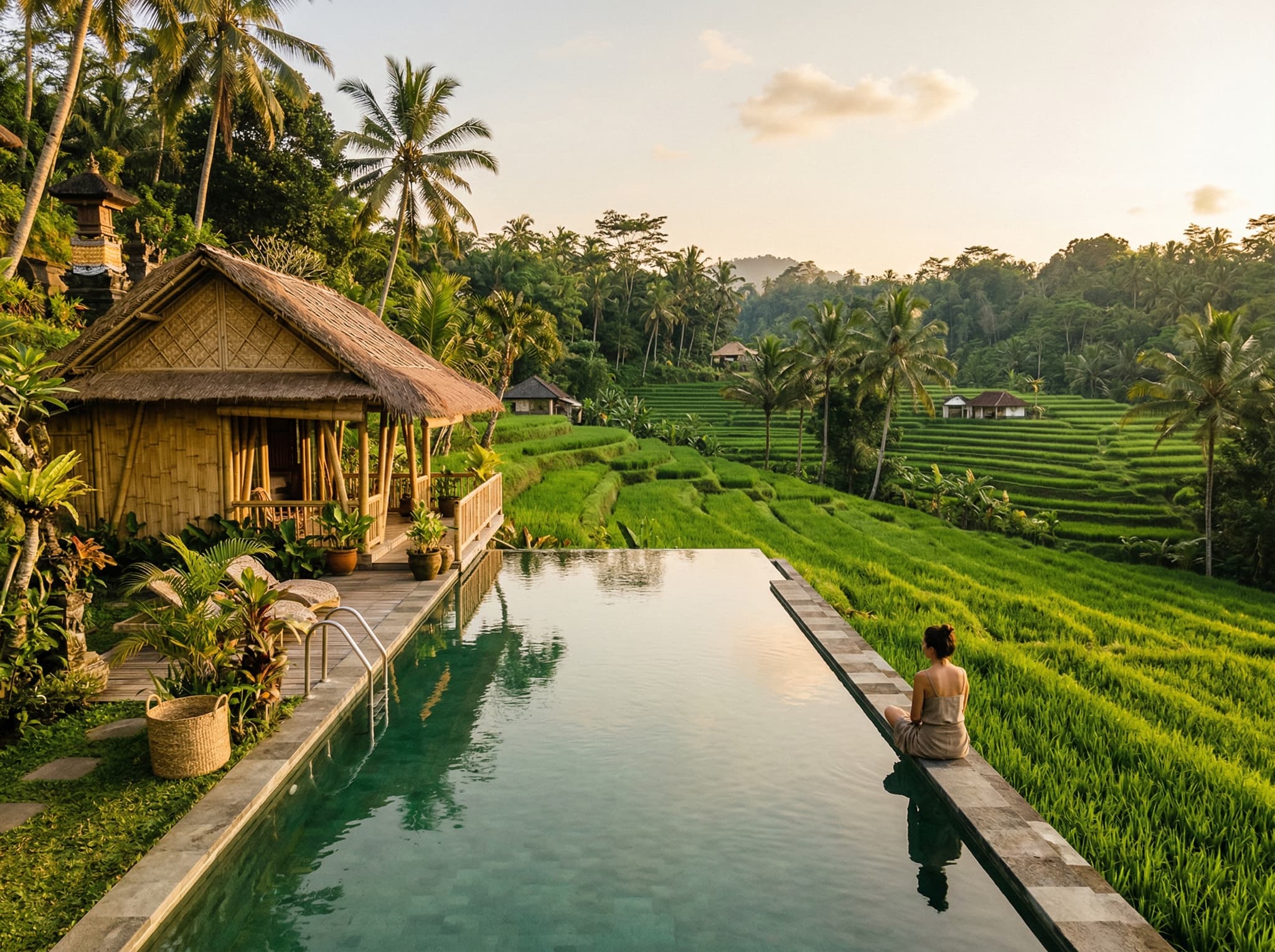 Bamboo Village Le Sabot's infinity pool overlooking rice paddies in Penestanan — representing the distinctive accommodation style available in the village, where bamboo architecture and working agricultural landscape coexist