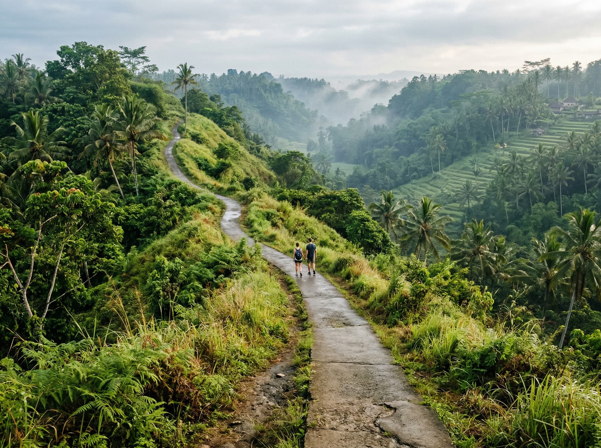 The Campuhan Ridge Walk near Penestanan, Ubud — a narrow path along a jungle ridge with sweeping views over the river valley, accessible within minutes from Penestanan and often combined with the rice field walk