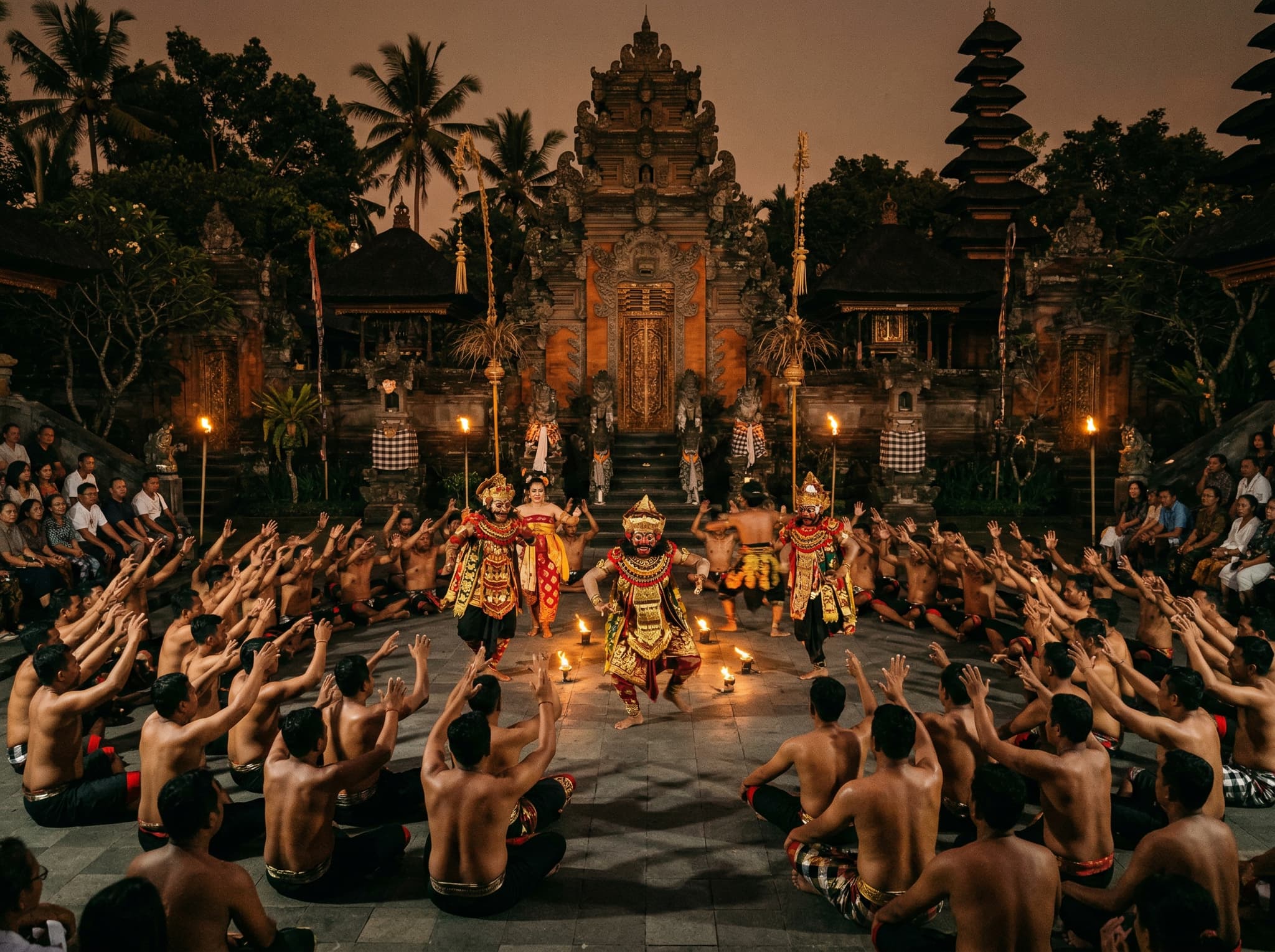 A Kecak or Legong dance performance at Junjungan Temple near Penestanan, Ubud — the Monday evening cultural event that draws visitors from the surrounding area, set against the backdrop of a traditional Balinese temple compound
