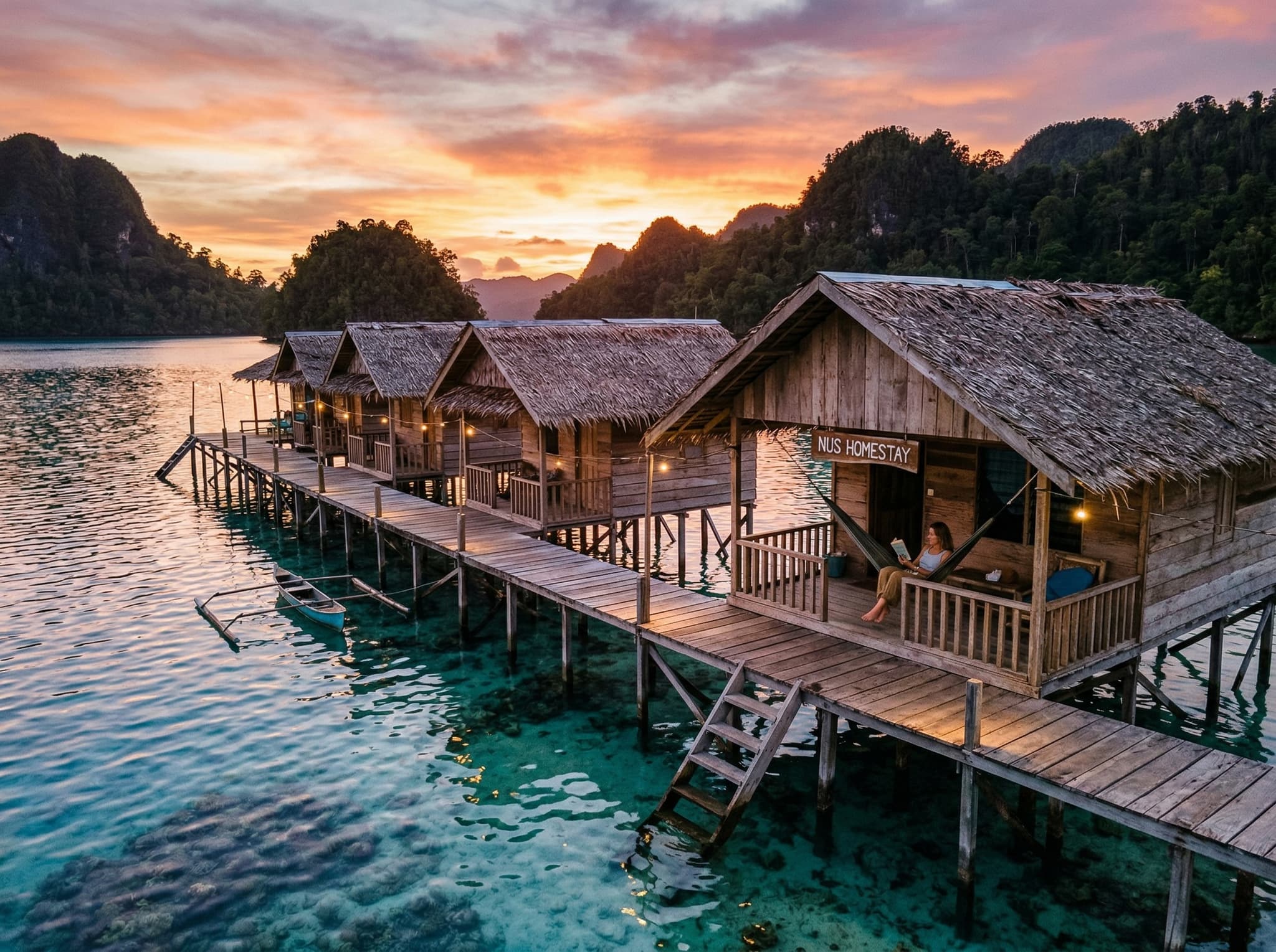 Overwater bungalow or water homestay in Raja Ampat at sunset, representing the budget-tier water bungalow experience described at Nus Homestay on Kri Island