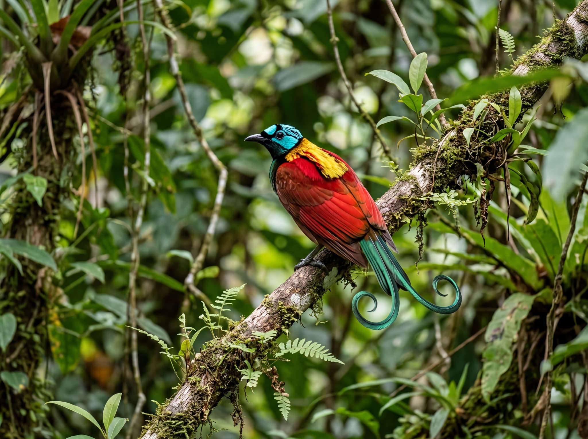 Wilson's Bird of Paradise perched in rainforest canopy, representing the rare wildlife encounter that draws birdwatchers to Gam Island and distinguishes it from other Raja Ampat bases