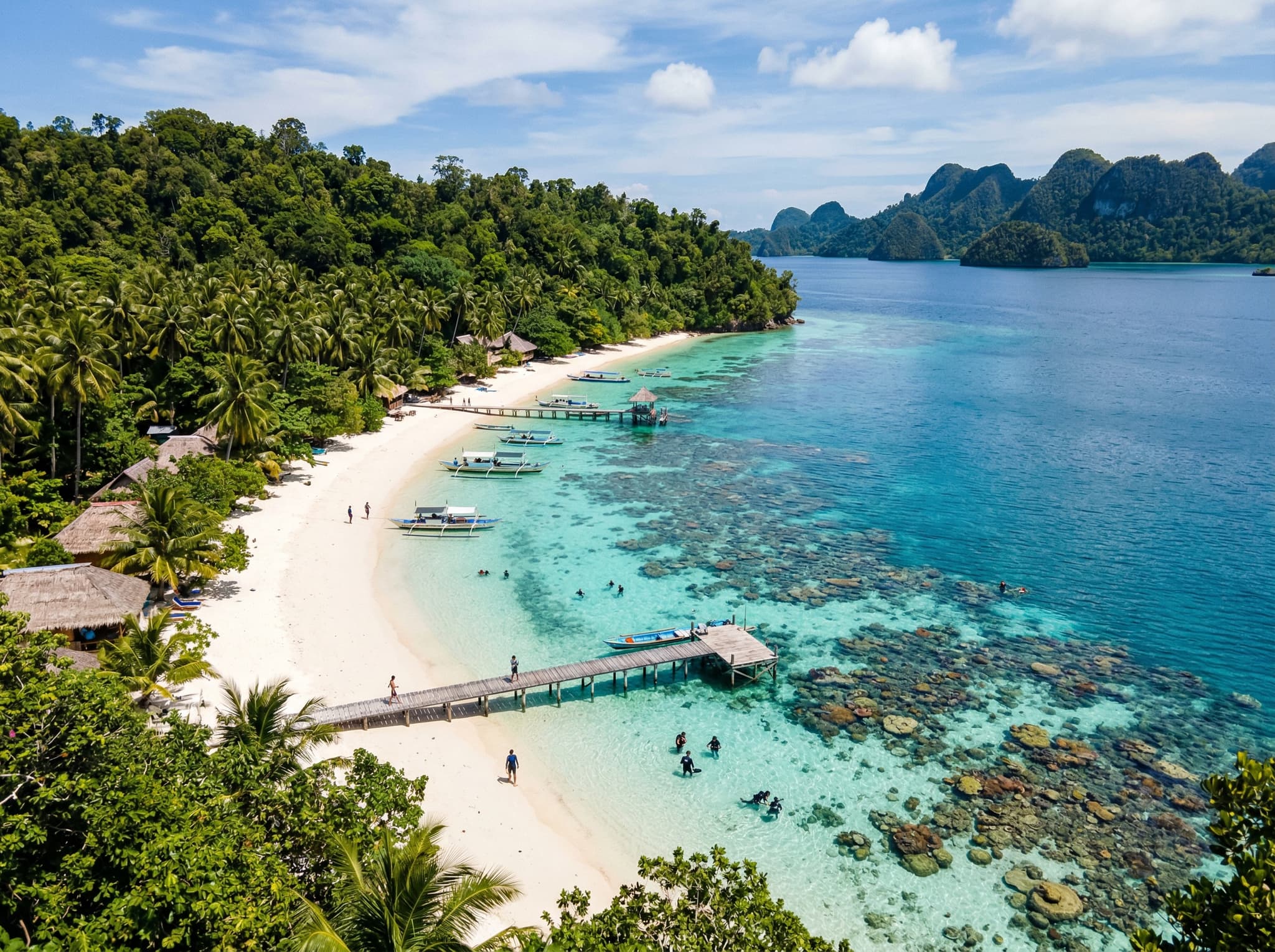 Kri Island Raja Ampat shoreline or reef, showing the white-sand beach and clear water that make it the most popular diver's base in the archipelago