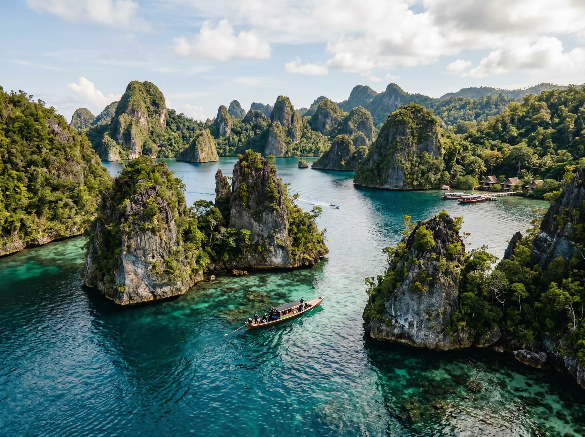 Kabui Bay limestone karst formations rising from the water near Gam Island, Raja Ampat — the dramatic geological scenery that distinguishes Gam as a base for experienced divers and birdwatchers
