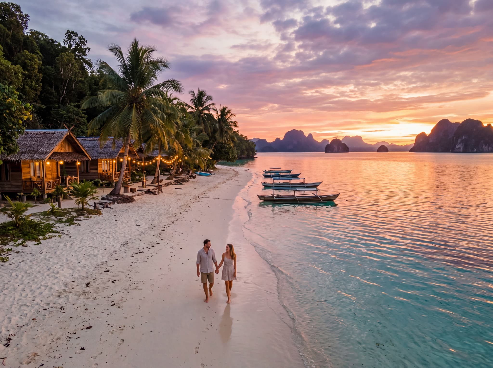 Mansuar Island Raja Ampat beachfront at sunrise or sunset, showing the quieter, less-trafficked shoreline that makes it the article's recommended midrange sweet spot for couples