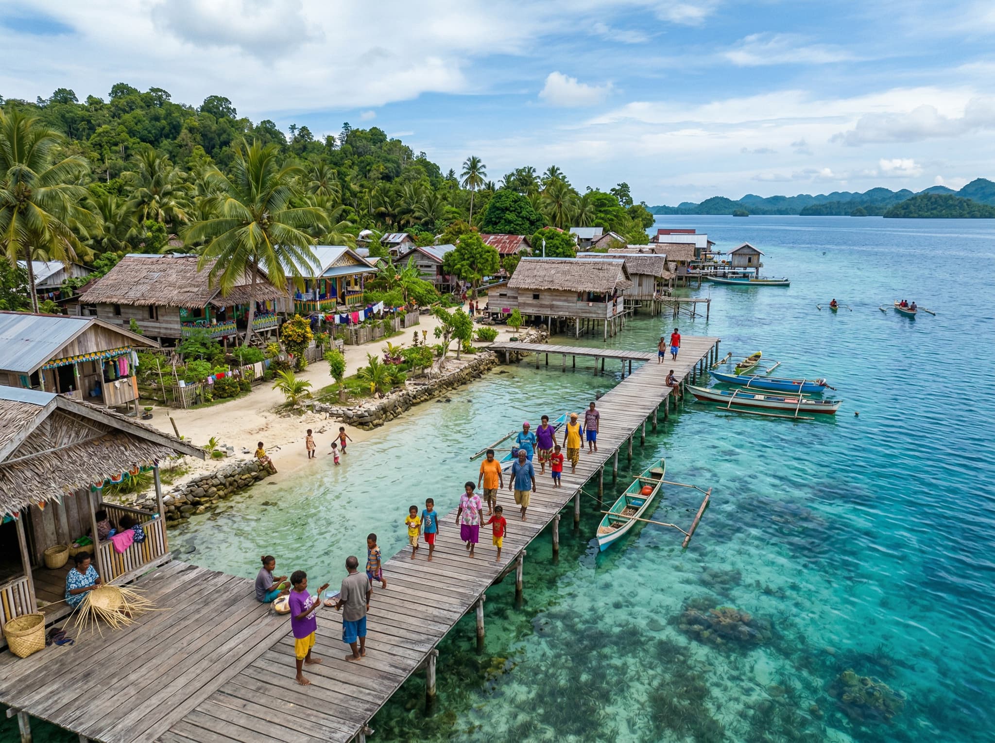 Arborek village island Raja Ampat showing the small community settlement, jetty, or traditional life — illustrating the cultural immersion experience the article describes as distinct from resort-island stays