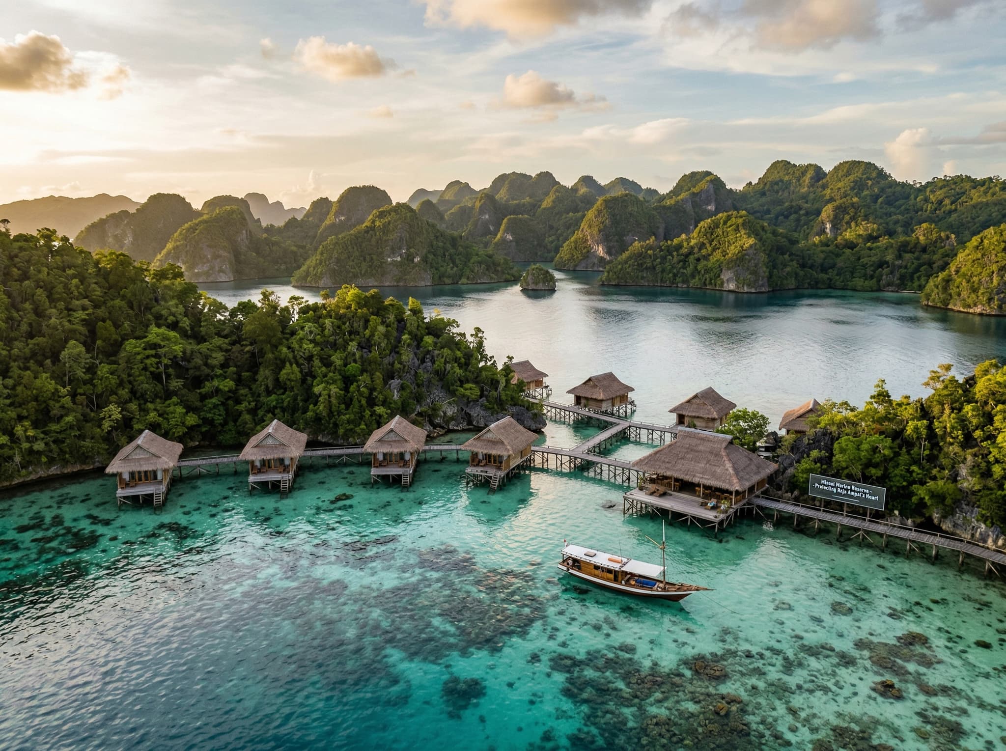 Misool Island Raja Ampat remote seascape or eco-resort overwater setting, conveying the extreme remoteness and luxury conservation context of the southern archipelago described in the article