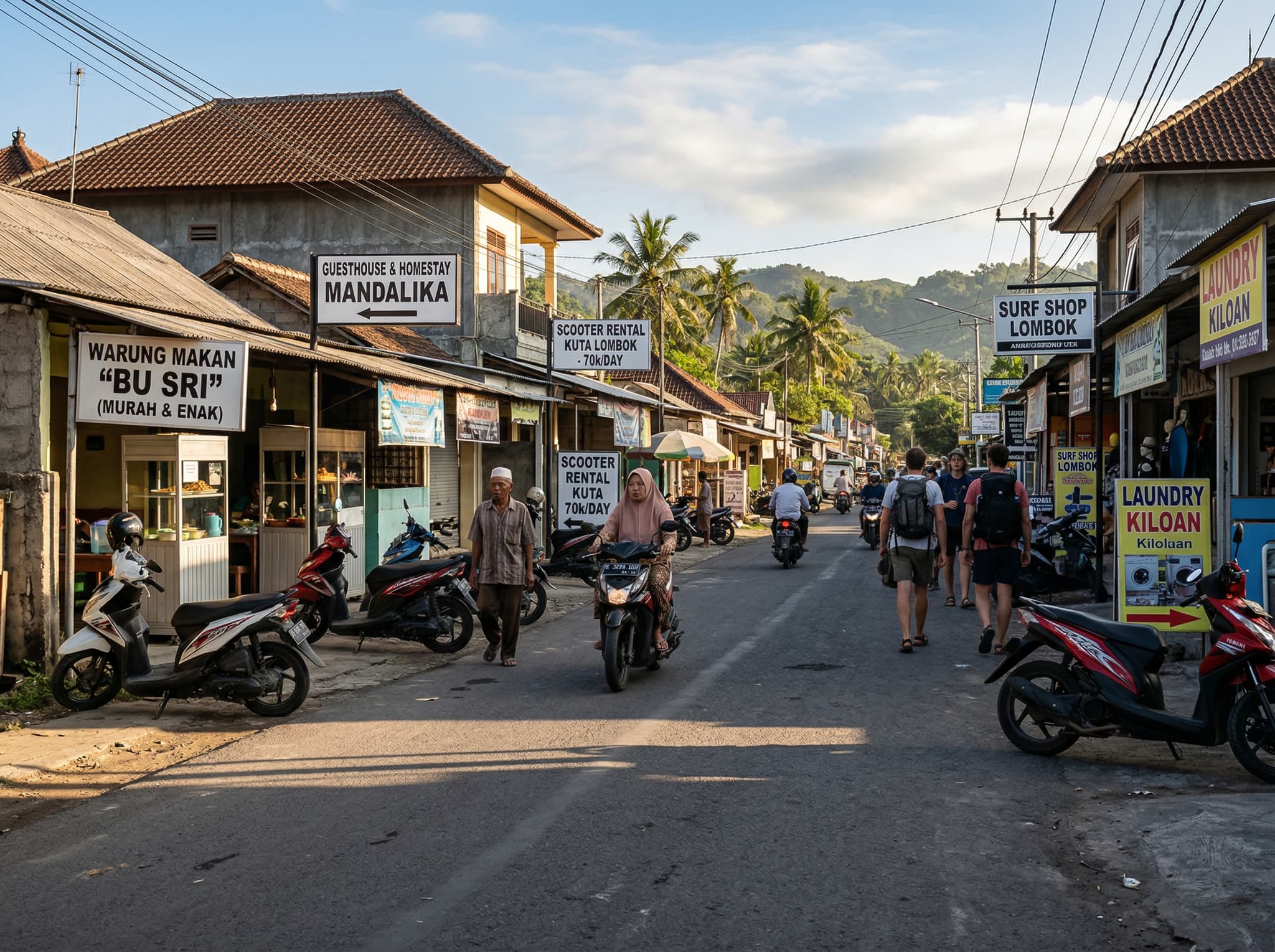 Street-level view of Kuta Lombok town showing local warungs, guesthouses, or a scooter rental shop — illustrating the independent traveler infrastructure that exists adjacent to the Mandalika zone, where most budget and mid-range visitors base themselves