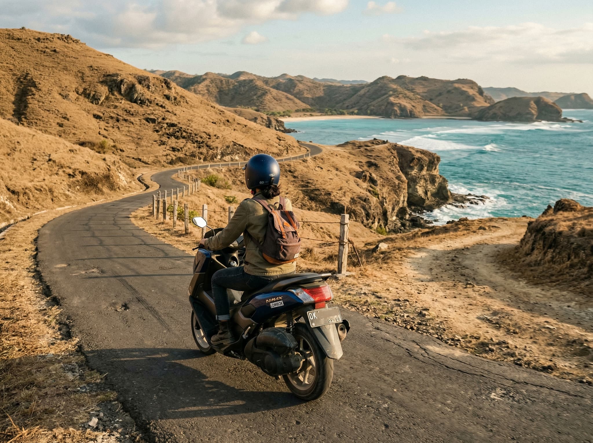 A traveler or surfer on a scooter on a coastal road in southern Lombok, with dry hills and ocean visible — conveying the independent, self-directed travel experience that defines visiting Mandalika and the surrounding area