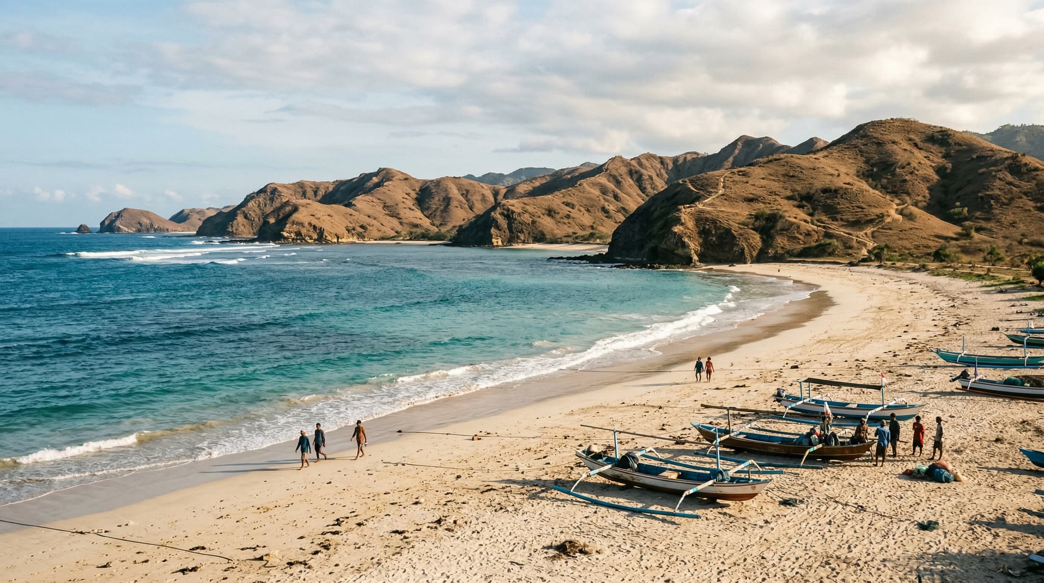 Mandalika Beach (Kuta Beach Lombok) stretching along southern Lombok's coastline, with turquoise water, white sand, and dry rolling hills in the background — capturing the raw, underdeveloped beauty that defines the Mandalika zone before its transformation is complete