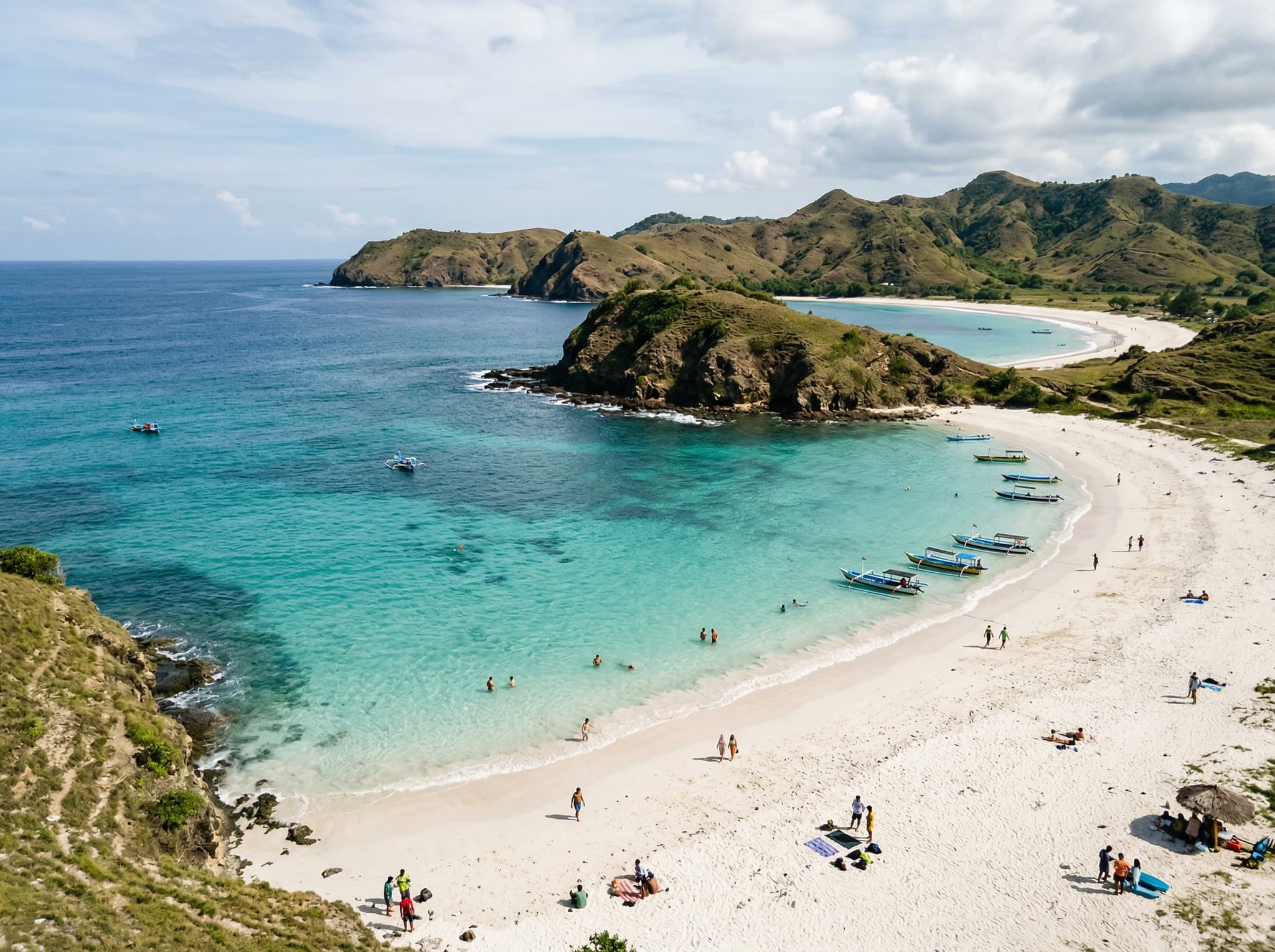 Tanjung Aan beach near Mandalika, showing its distinctive double-bay formation with unusually fine sand and shallow turquoise water — the standout beach of the southern Lombok coastline referenced in the article