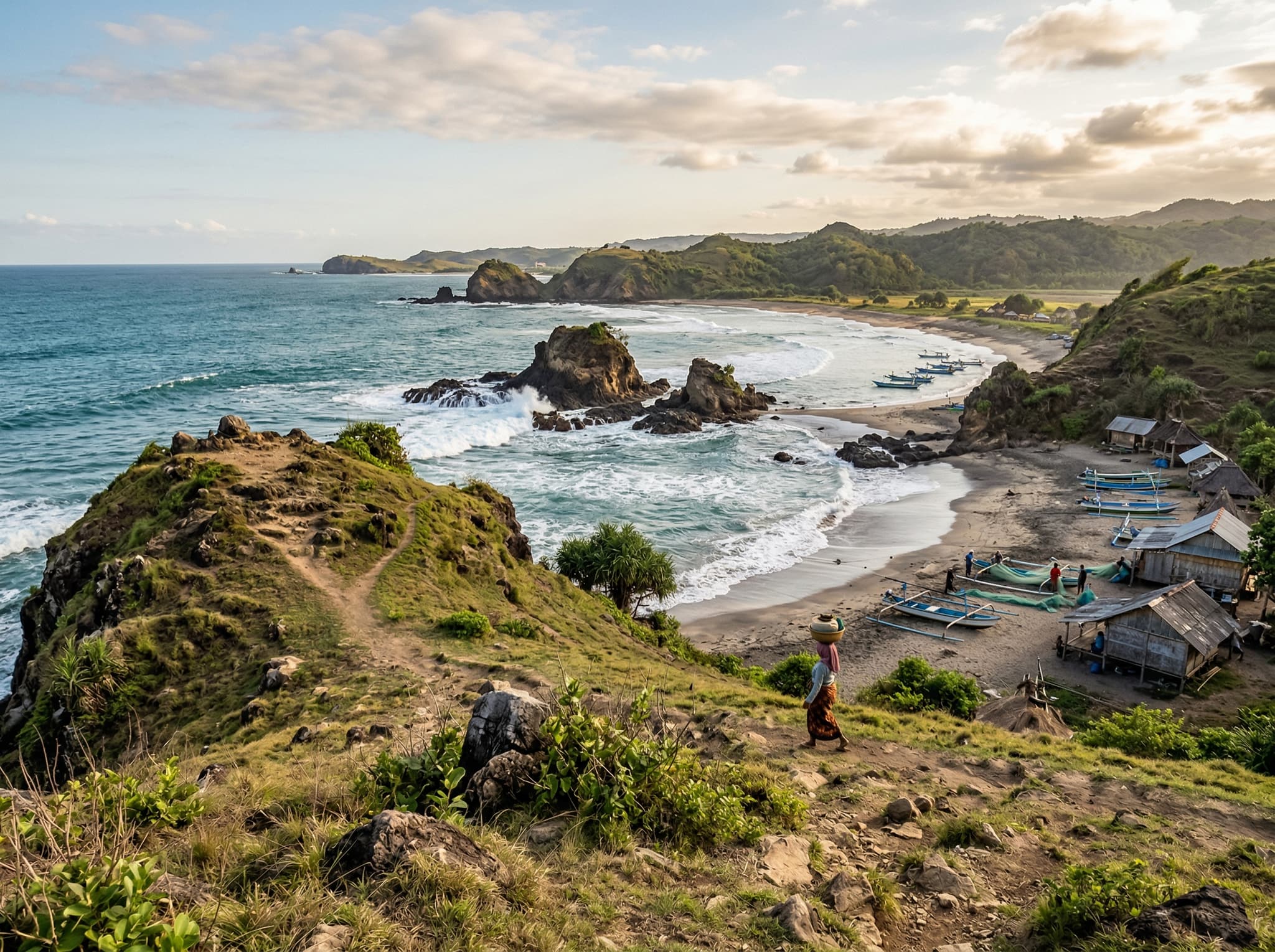 Seger Beach near the Mandalika circuit, showing its rugged character and grassy coastal headland — the culturally significant site of the annual Bau Nyale sea worm festival celebrated by the local Sasak community