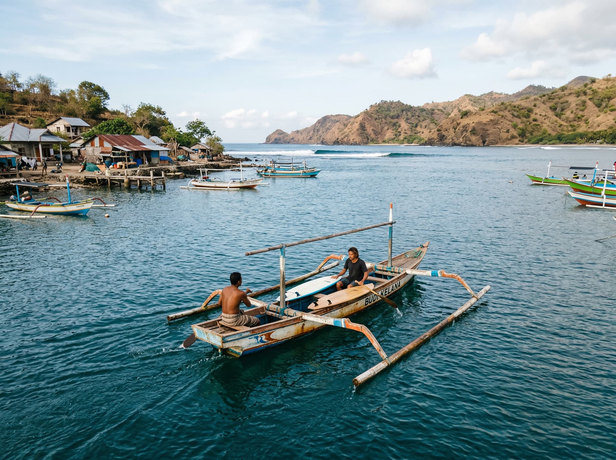 Gerupuk Bay surf break near Mandalika, with surfers being ferried by local wooden boat to a reef break — representing the longstanding surf culture that predates the Mandalika development and retains a low-key village atmosphere