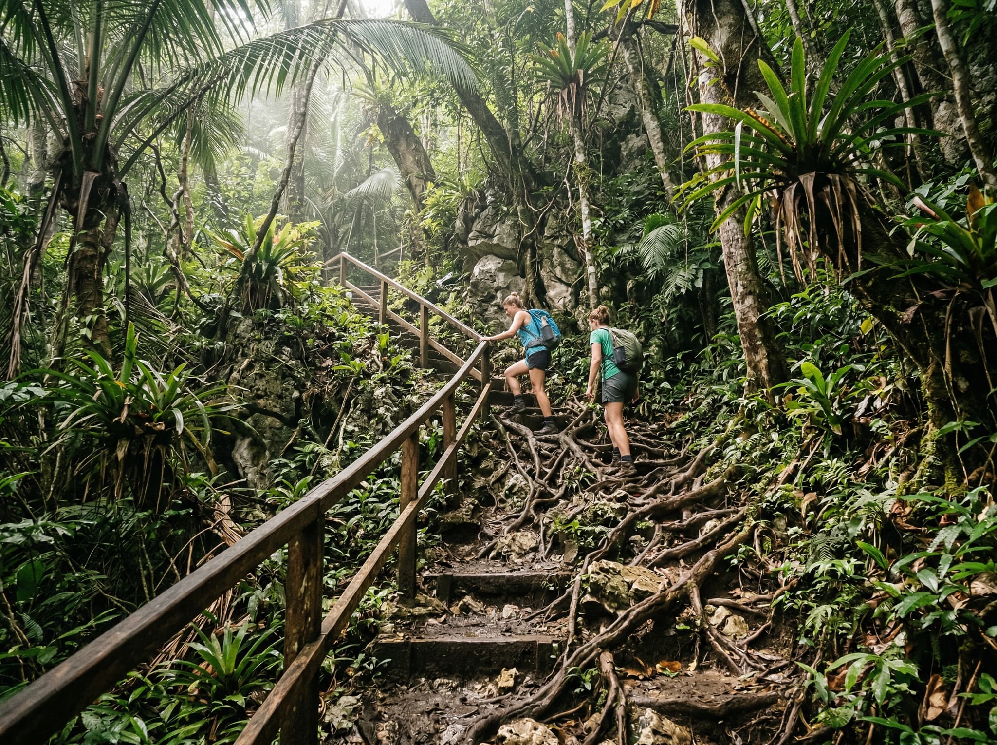 Steep jungle trail on the ascent to Puncak Dafalen — packed earth path with exposed tree roots and rough-hewn wooden steps climbing through dense tropical forest in high humidity, conveying the physical challenge of the short but steep hike