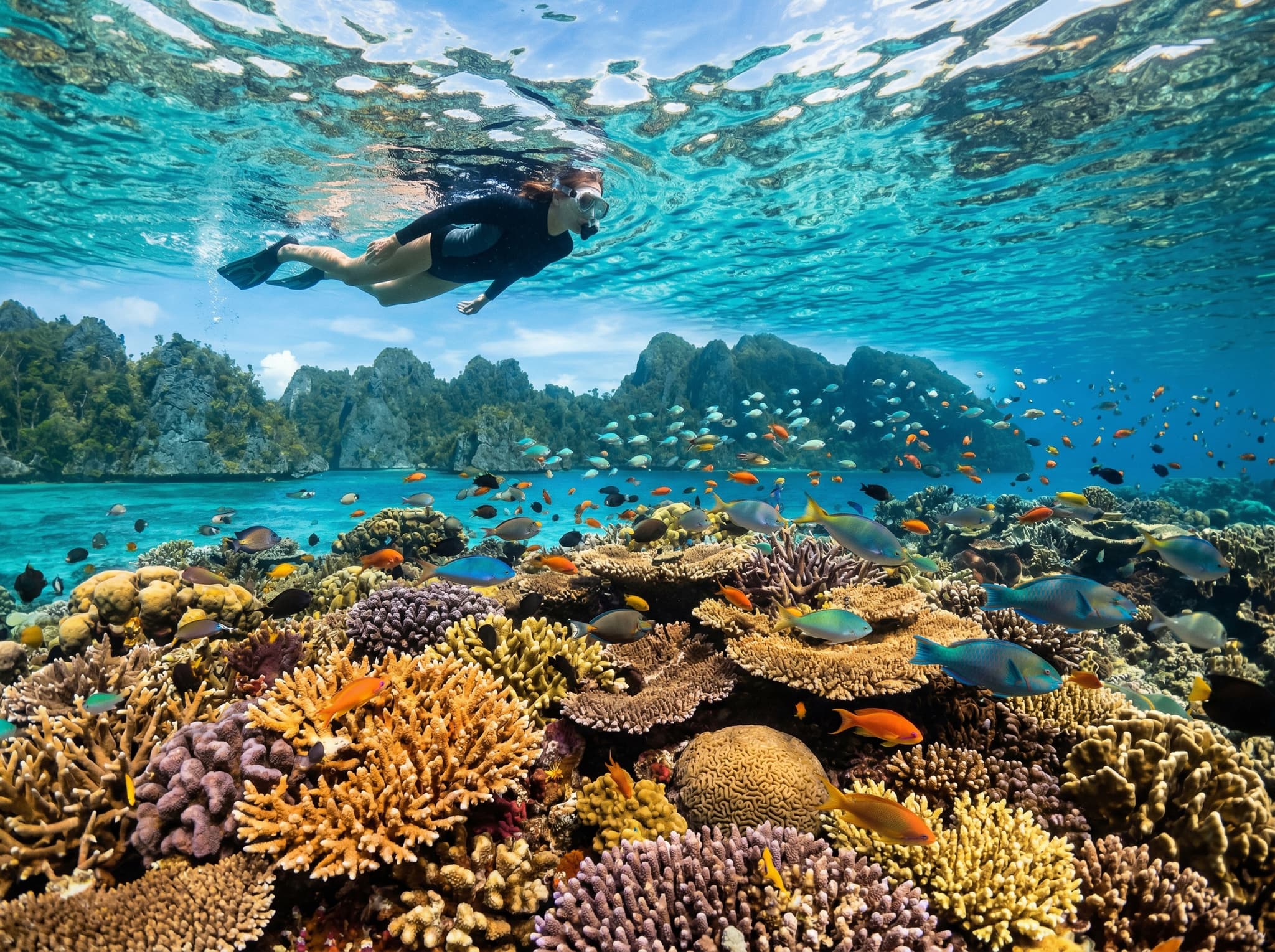 Shallow coral reef snorkeling in the Fam Islands lagoon near Puncak Dafalen — healthy hard coral in clear turquoise water with tropical fish, representing the snorkeling and diving experiences commonly combined with the Dafalen hike on the same day trip