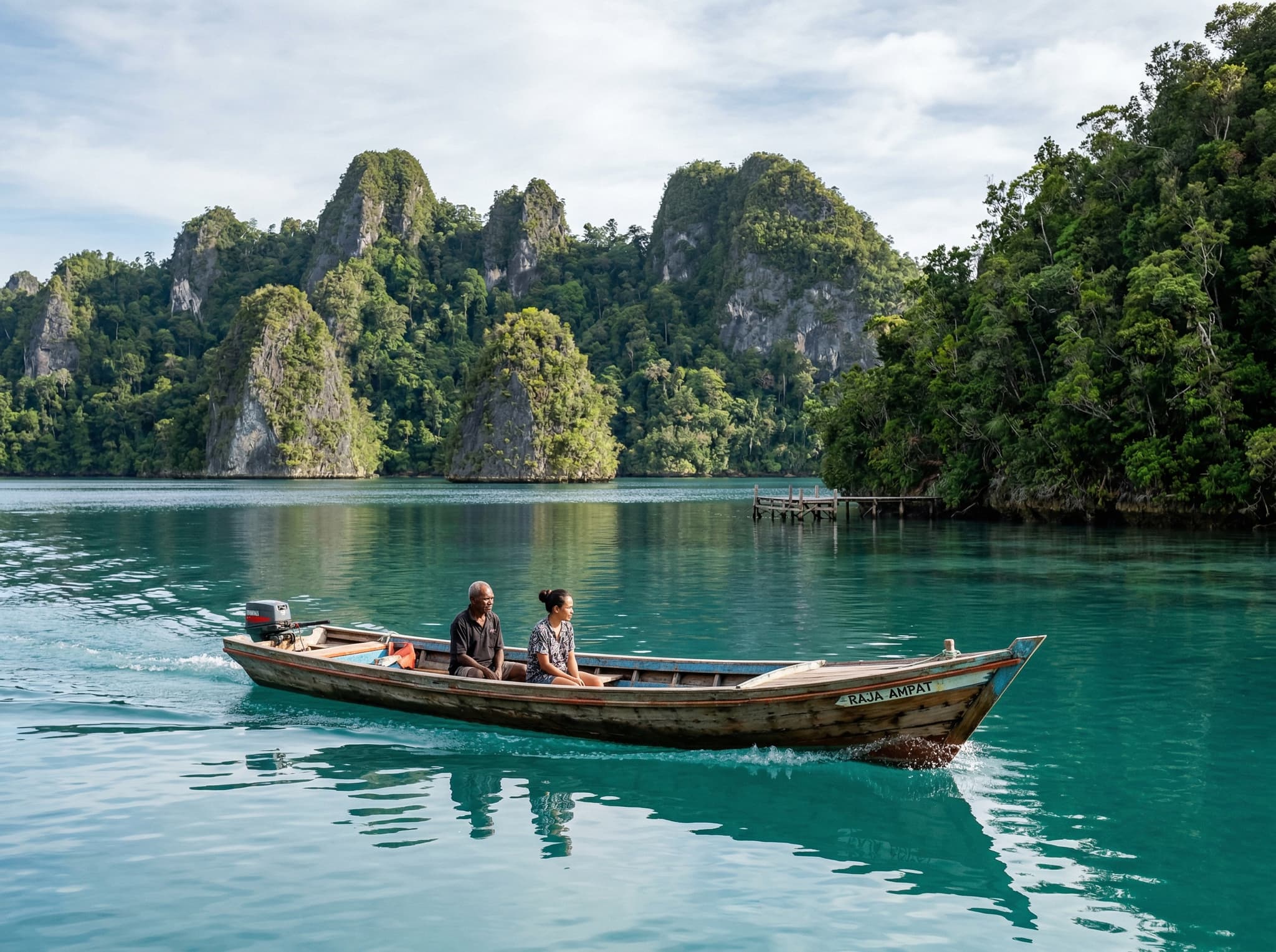 Speedboat crossing open water toward the Fam Islands in Raja Ampat, with karst limestone islands visible on the horizon — illustrating the two-to-three hour boat journey from Waisai that is the only way to reach Puncak Dafalen's trailhead