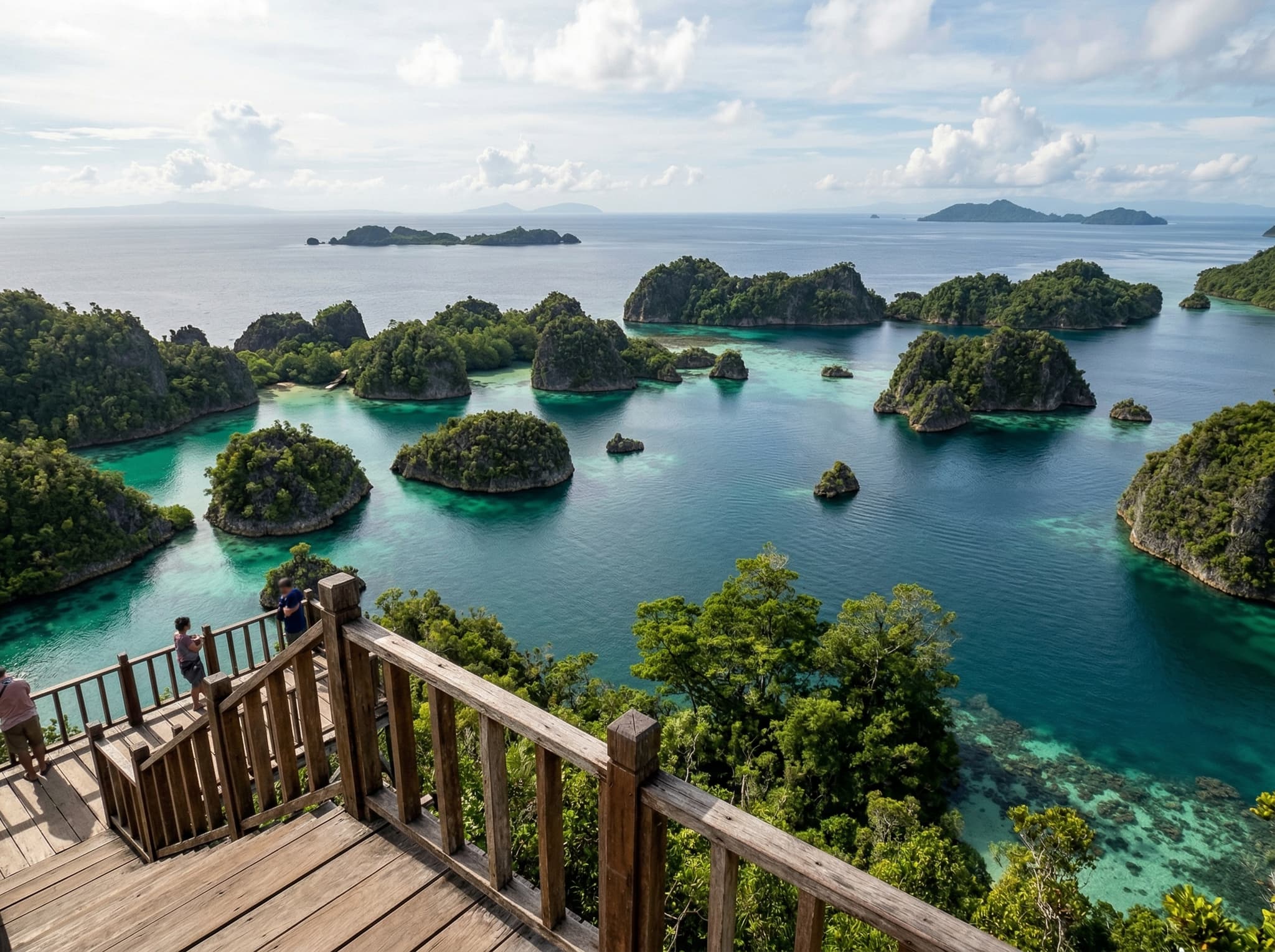 The view from Puncak Dafalen's wooden summit platform looking out over the Fam Islands lagoon system — the 270-degree panorama of karst islands, turquoise shallows, and deep cobalt channels that is the reward for the climb and the defining image of Raja Ampat