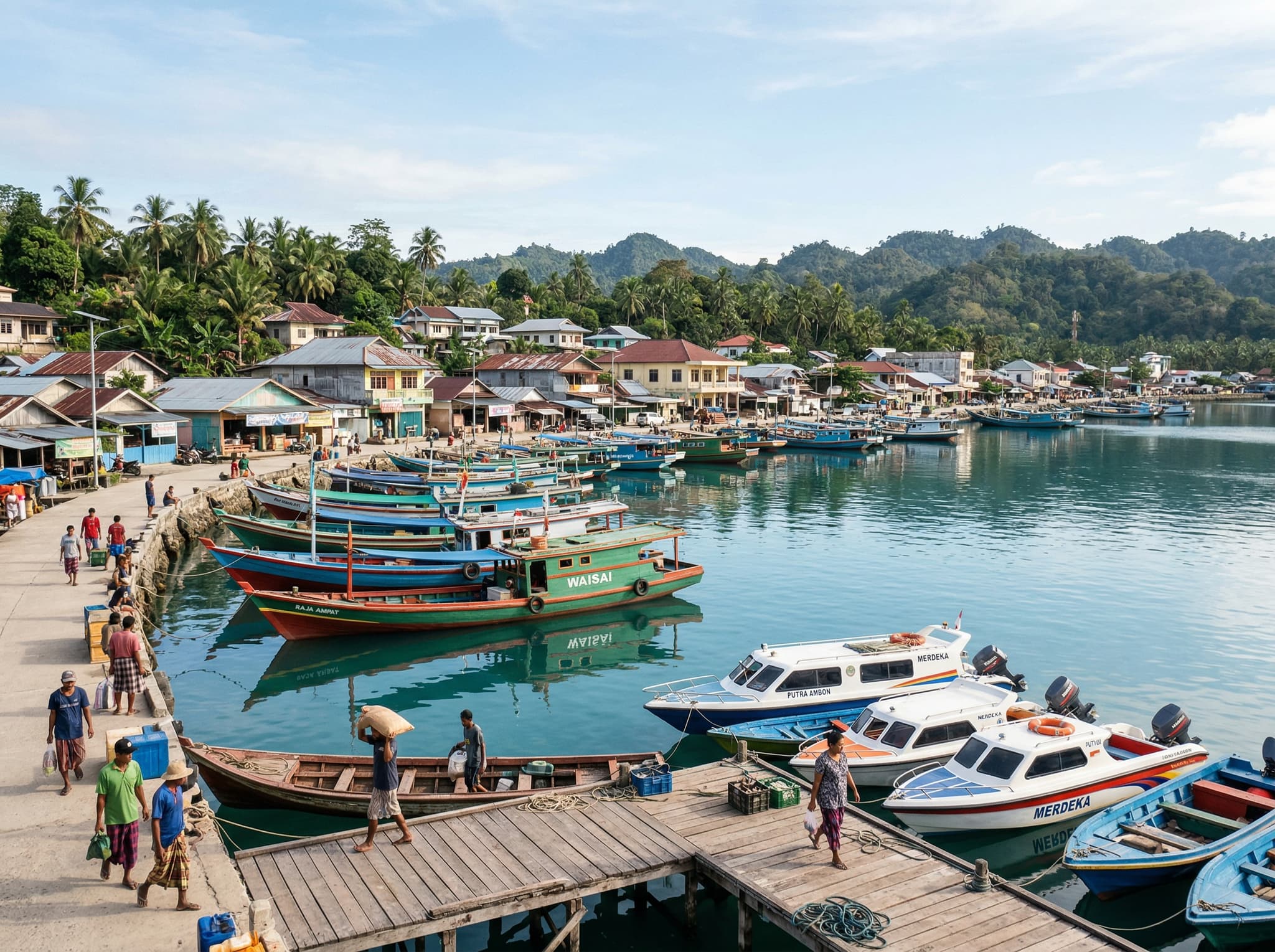 Waisai harbor or waterfront, the regency capital of Raja Ampat and the departure point for boats to the Fam Islands — showing the practical starting point for the journey to Puncak Dafalen where the marine entry permit office is also located
