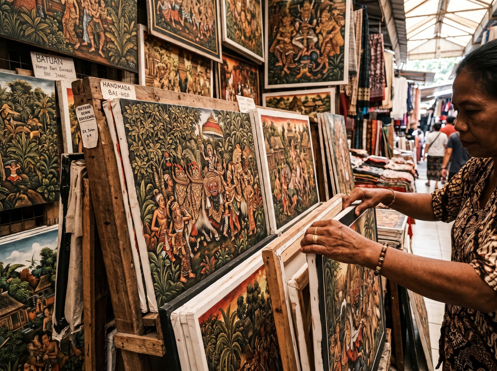 Close-up of Balinese paintings displayed at a market stall in Sukawati — traditional Batuan or Ubud-style canvases in various sizes leaning against stall walls or hanging overhead, illustrating the market's reputation as a destination for Balinese fine art and craft paintings