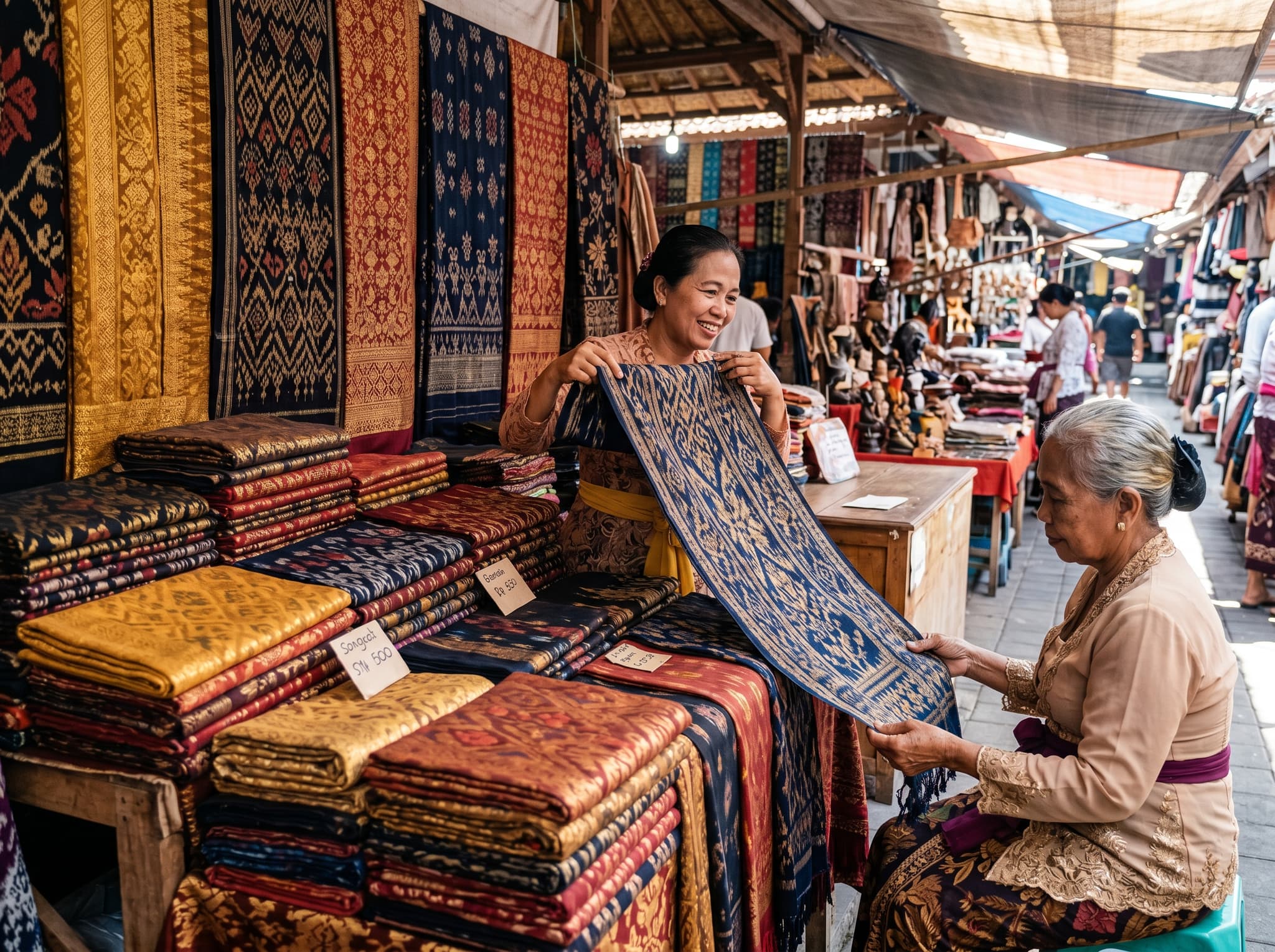 Woven Balinese textiles — endek ikat or songket fabric — displayed or folded at a Sukawati market stall, showing the rich patterns and colors that make the market's textile section a draw for buyers seeking handwoven cloth from Gianyar and Klungkung villages