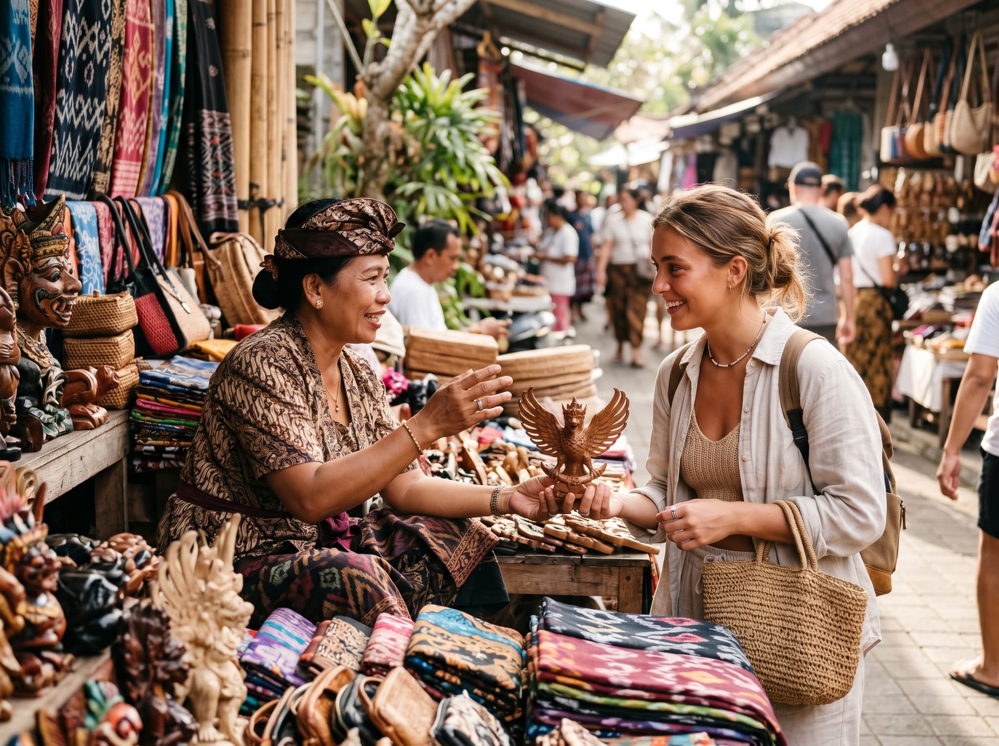 A bargaining exchange between a vendor and a shopper at a Sukawati market stall — the informal, human moment of negotiation that defines the market experience, relevant to the article's section on how bargaining works at Sukawati