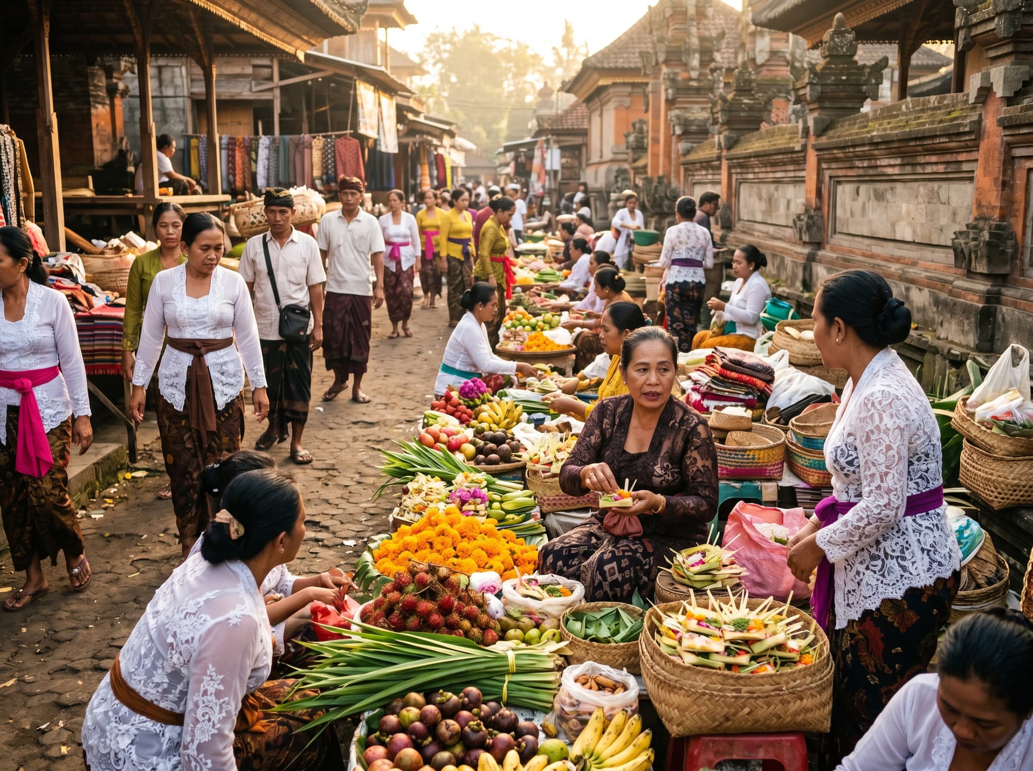 The early-morning local produce and offerings section of Sukawati market — vendors selling fresh fruit, flowers, and ceremonial offerings before the craft stalls open, showing the market's dual identity as both a local daily market and a tourist craft destination