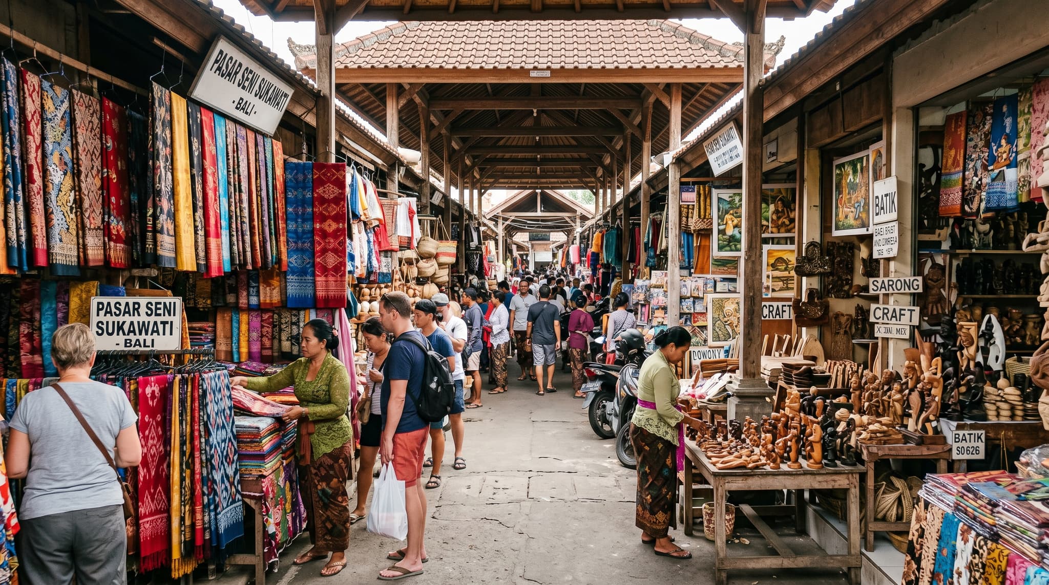The entrance or main hall of Sukawati Art Market in Gianyar, Bali — colorful stalls packed with sarongs, wooden carvings, and woven textiles, with vendors and shoppers moving through the aisles, conveying the market's lively, authentic craft atmosphere