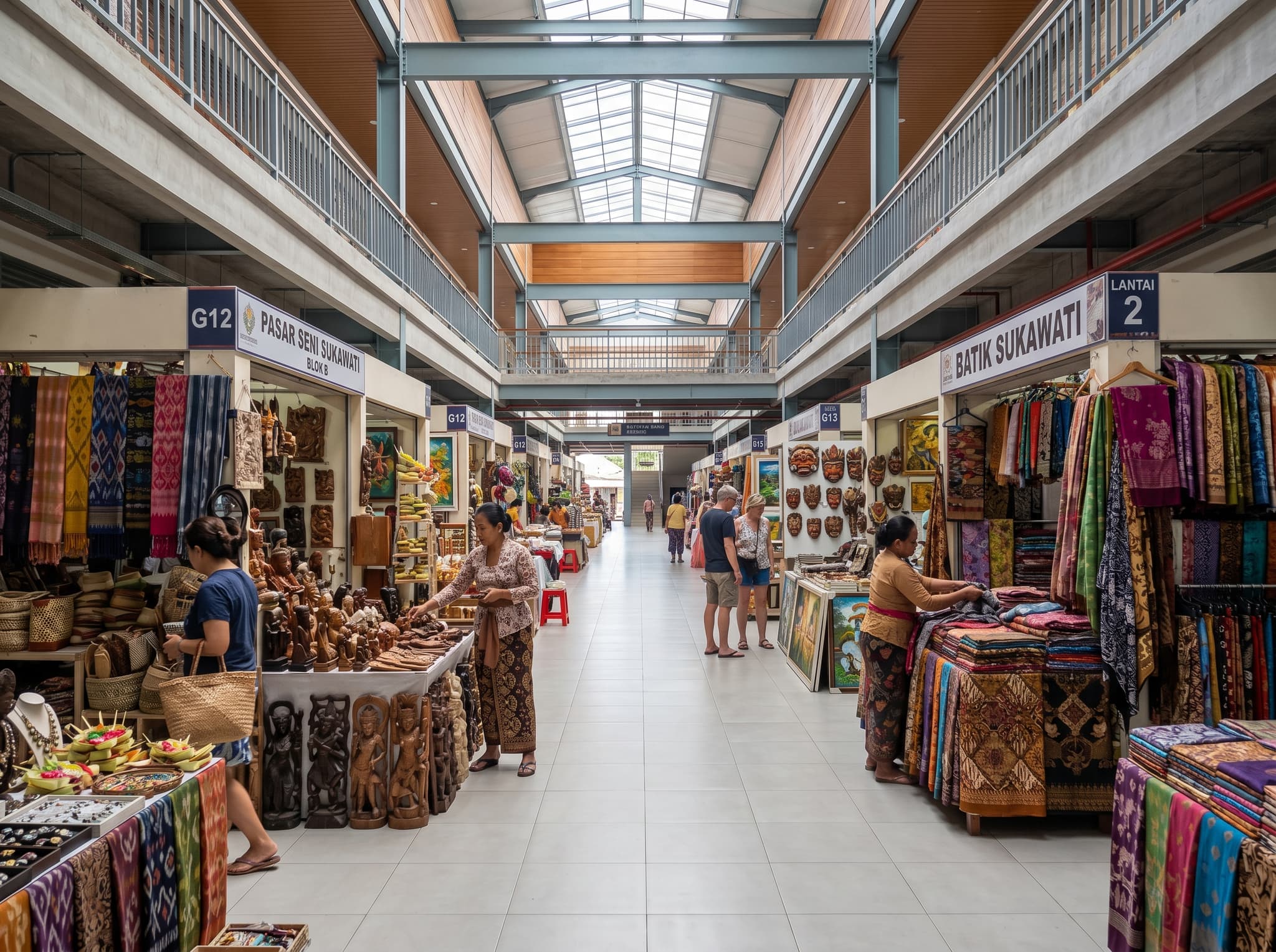 The exterior or interior of the revitalized Sukawati Art Market complex — the modern three-block structure completed in 2021, showing the organized layout with wider aisles and vendor stalls, illustrating how the market looks today compared to older travel guides