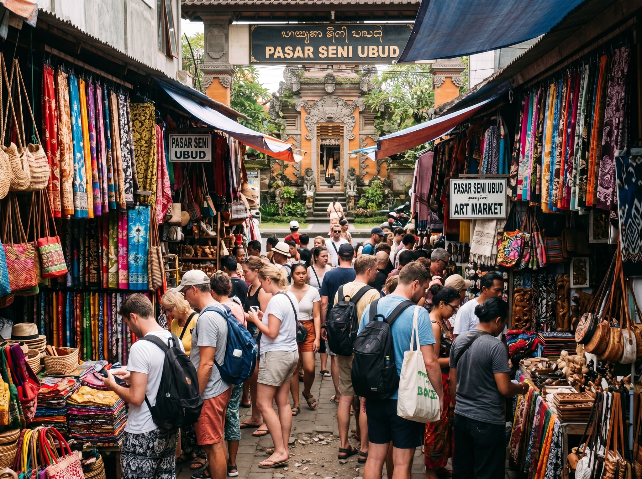 Ubud Art Market in central Ubud, Bali — the more centrally located and heavily visited alternative to Sukawati, shown with its characteristic crowded stalls and tourist foot traffic, providing visual contrast for the article's comparison section