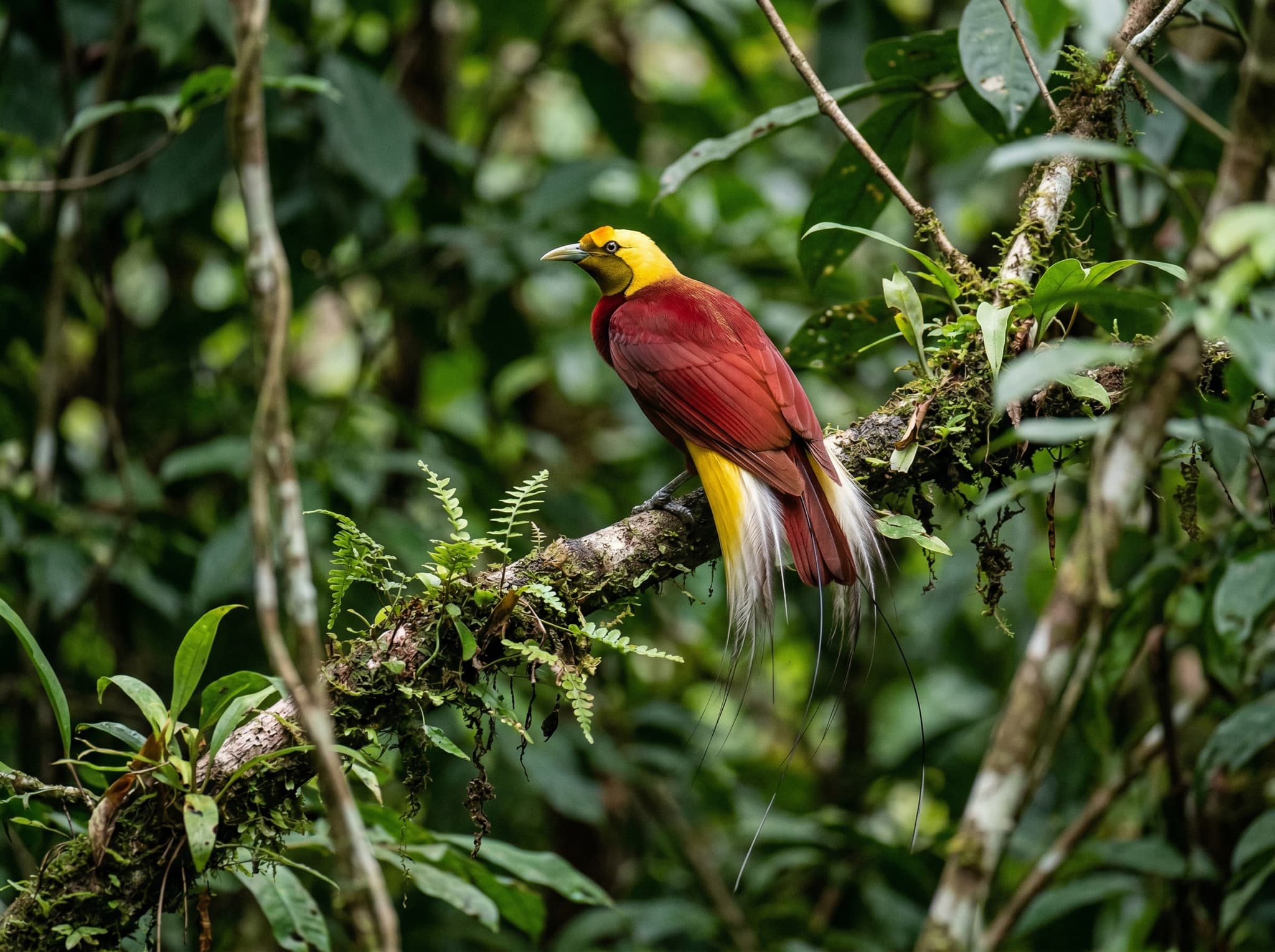 A red bird-of-paradise or Wilson's bird-of-paradise perched in tropical forest canopy in Raja Ampat — illustrating the birdwatching opportunities in the Fam Islands forests mentioned as a key draw of the Saukorem area