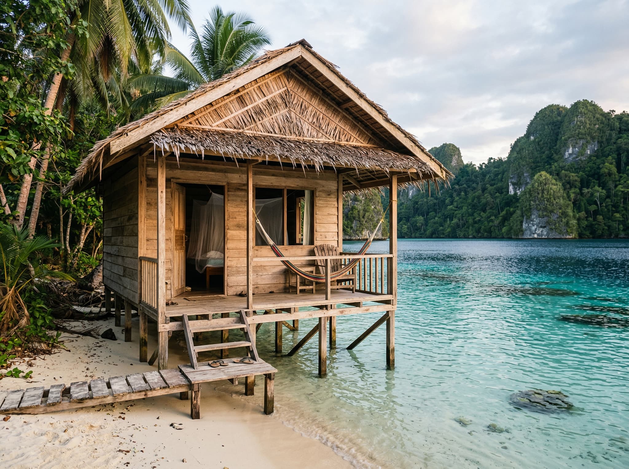 A simple homestay bungalow on a white sand beach in the Fam Islands, Raja Ampat — a raised wooden structure with a veranda facing the water, representing the basic but authentic accommodation available near Saukorem Village
