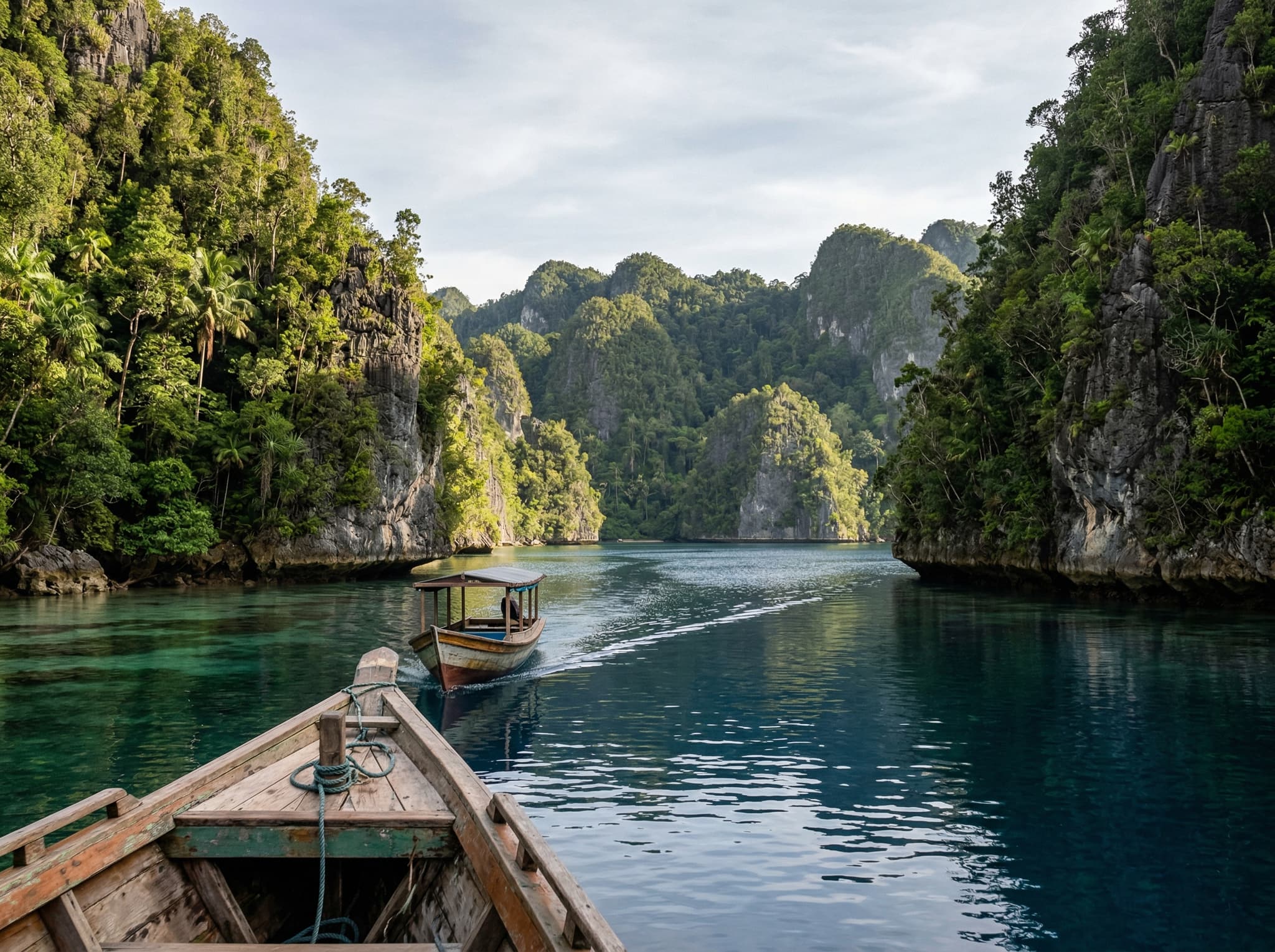 The view between limestone karst islands in Raja Ampat's Fam Islands area — water shifting from green to blue between forested ridges — capturing the closing image of the article and the specific, unhurried beauty that makes Saukorem worth the journey