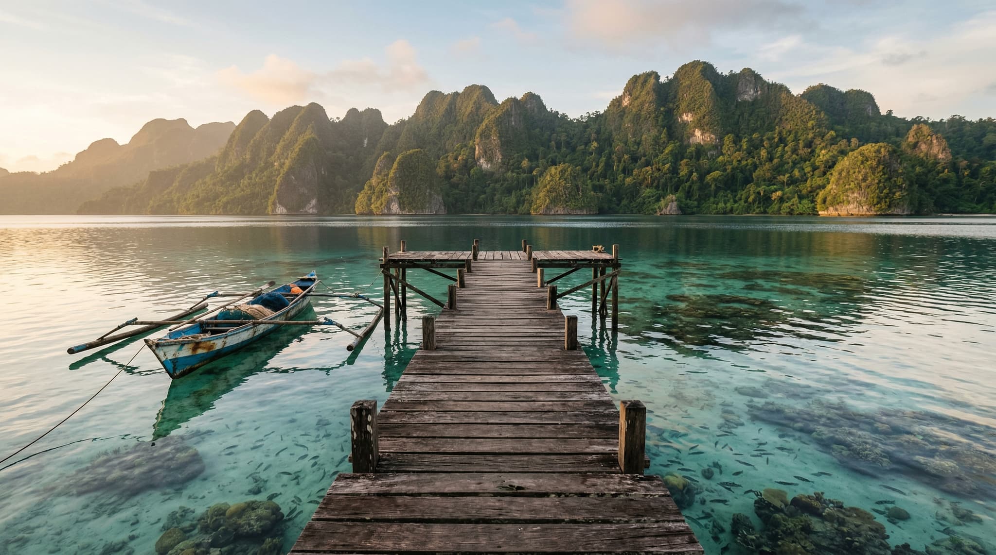 A wooden jetty extending over clear turquoise water in the Fam Islands, Raja Ampat, with forested limestone karst islands rising in the background — establishing the remote, unspoiled character of Saukorem Village described in the article