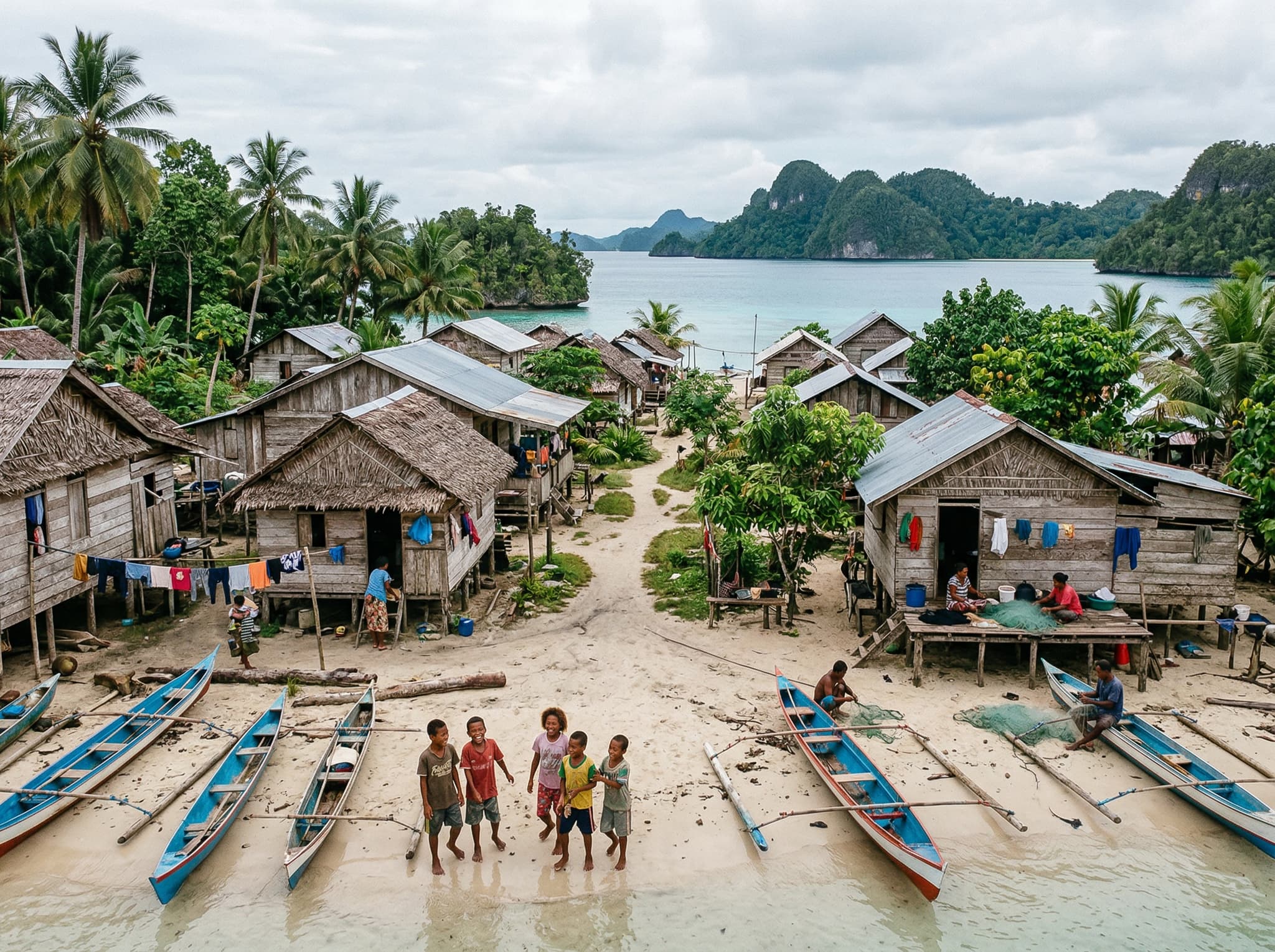 A small traditional fishing village on a Raja Ampat island — wooden houses raised on stilts along a sandy path near the water, palm trees overhead, children visible near the shore — conveying the quiet, unhurried pace of village life at Saukorem described in the article