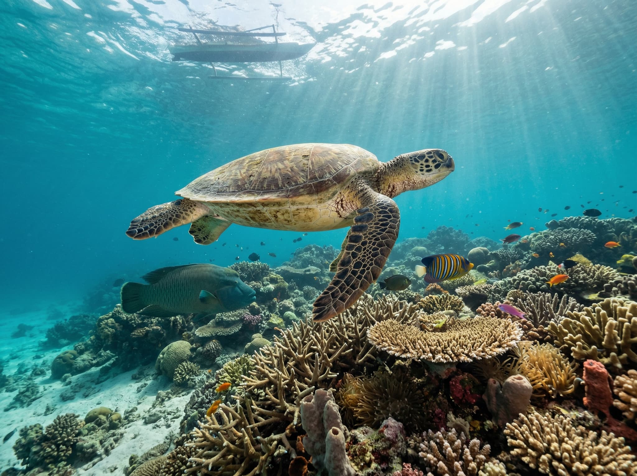 A sea turtle swimming over a shallow coral reef in Raja Ampat's waters, representing the turtle conservation effort that defines Saukorem Village's identity and the snorkeling accessible directly from the village jetty