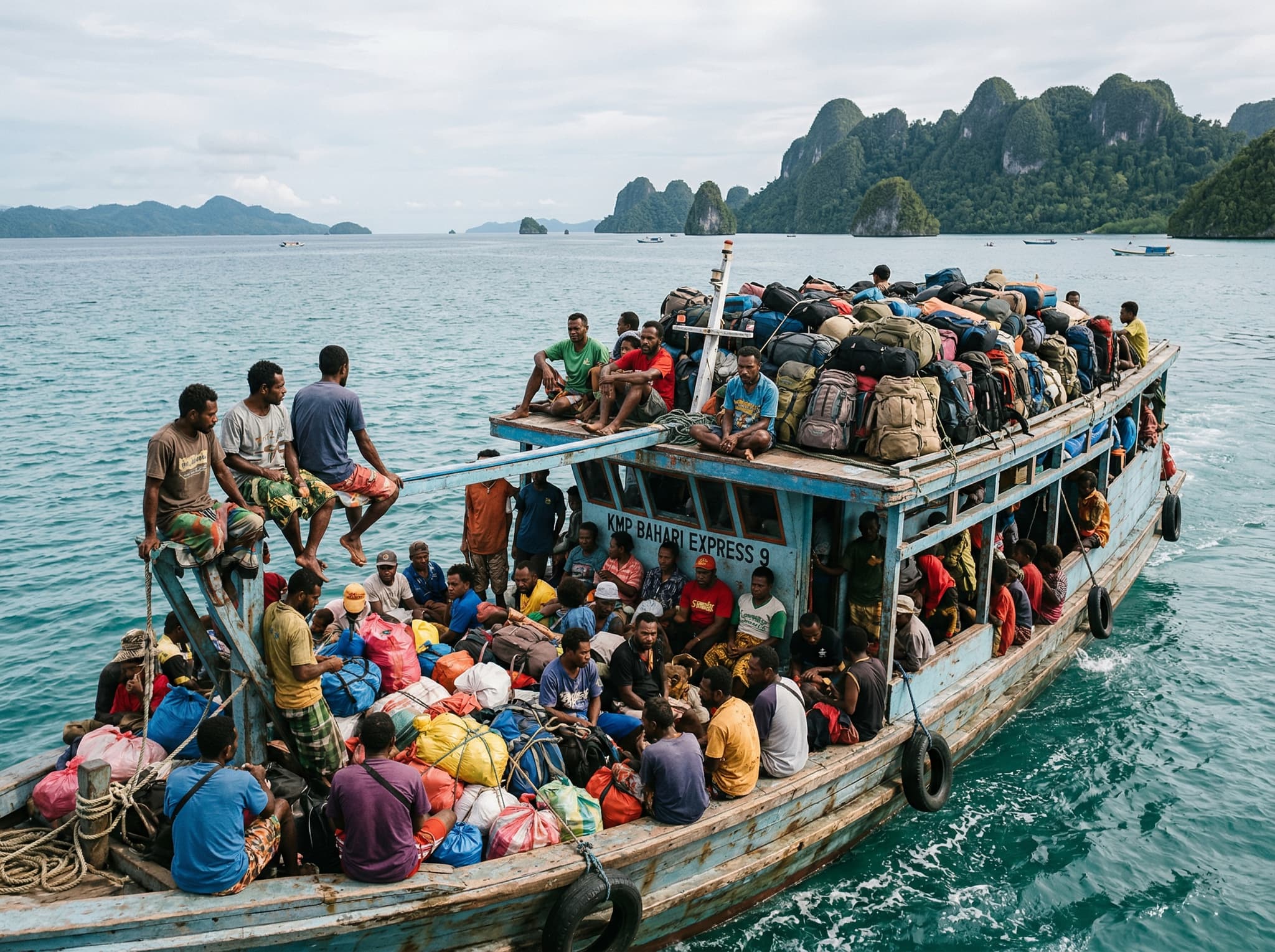 The Sorong ferry terminal or a passenger ferry crossing between Sorong and Waisai, Raja Ampat — illustrating the multi-stage journey travelers must make to reach Saukorem Village, as detailed in the Getting There section