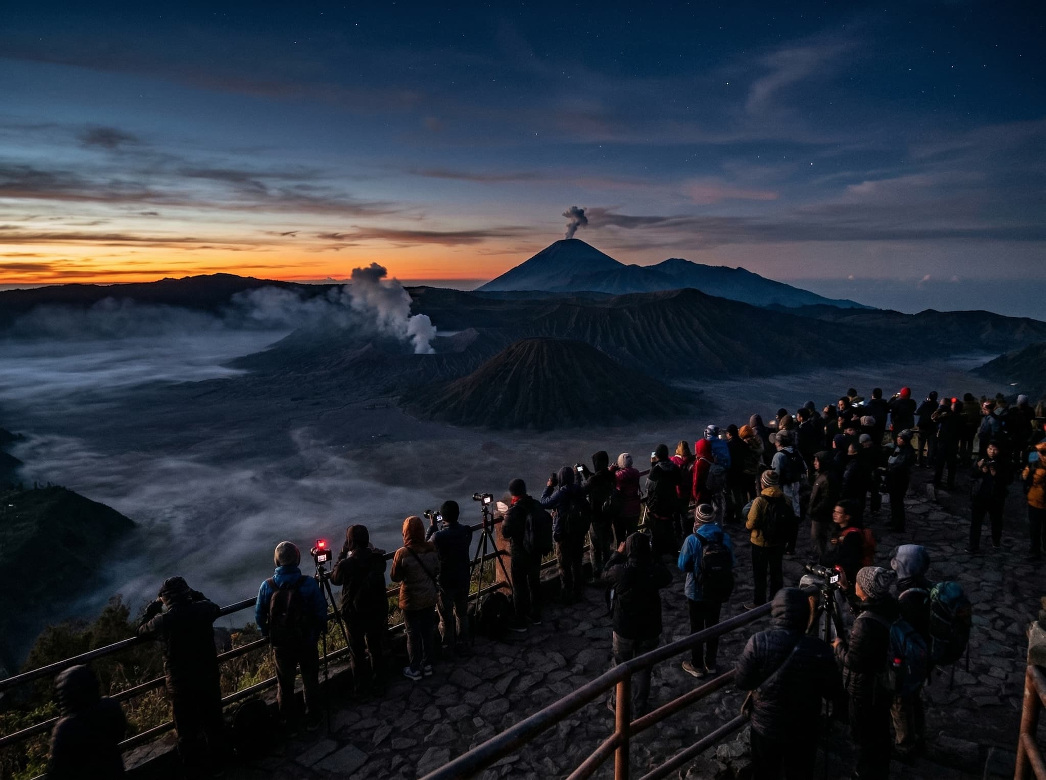 The Penanjakan viewpoint at 2,770 meters crowded with visitors before dawn, overlooking the full panorama of the Tengger caldera — illustrating both the scale of the landscape and the reality of peak-season crowds that the article warns readers to expect