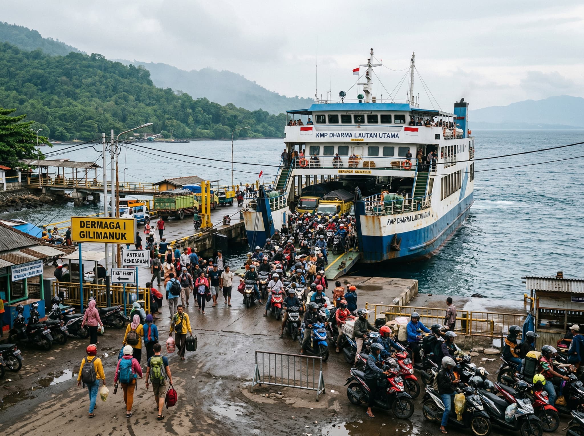 The Gilimanuk ferry port on Bali's western tip, where travelers board the short crossing to Ketapang on Java — the starting point of the overland journey to Mount Bromo described in the article's Getting There section