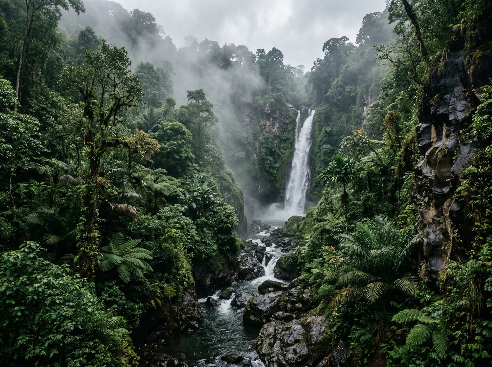 Misty highland forest gorge in North Bali during wet season — dense jungle canopy, mist rising from a waterfall pool, representing the December–April peak flow season described in the article's When to Visit section