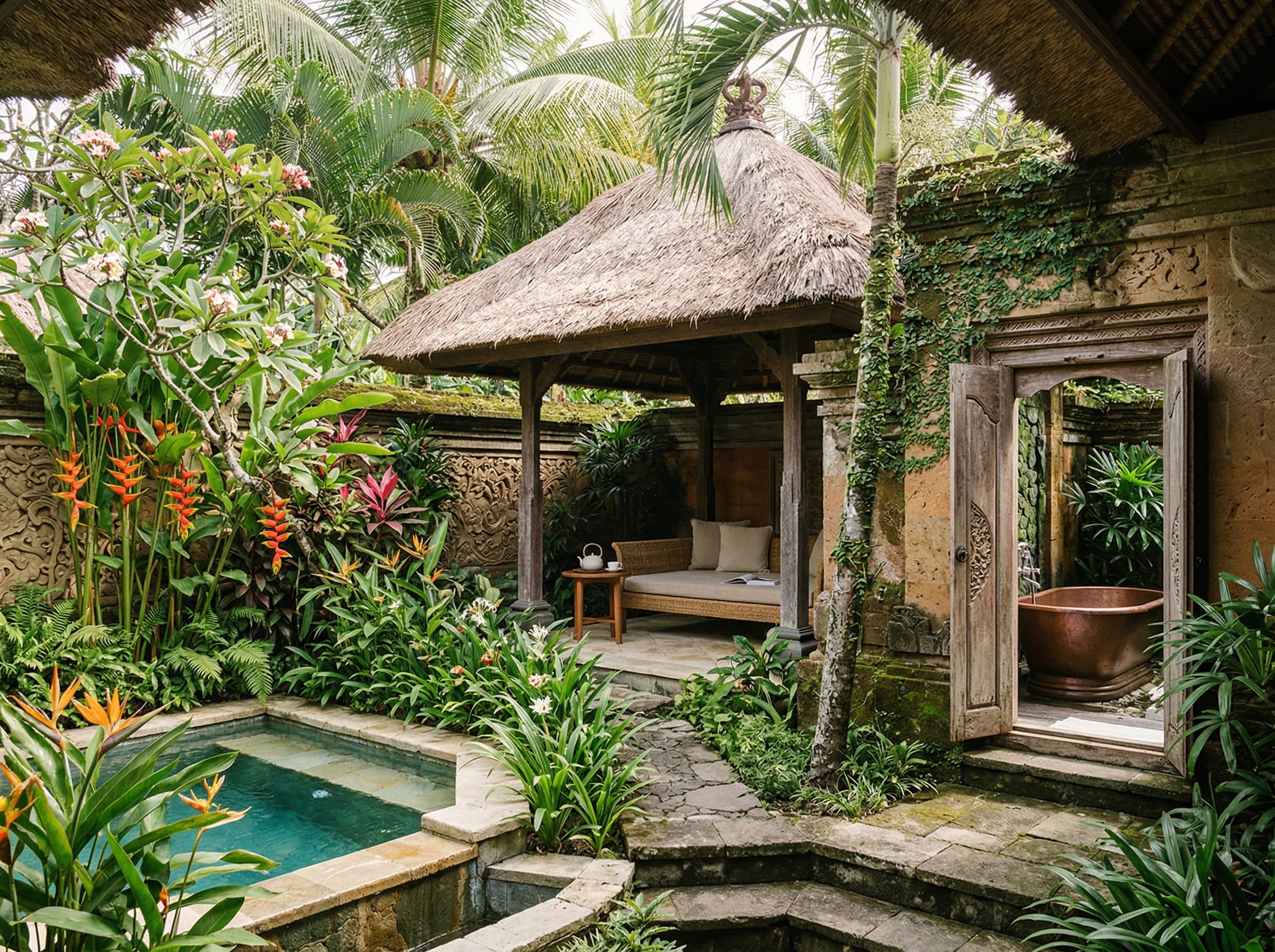 Interior or garden courtyard of a private Balinese villa at Four Seasons Jimbaran, showing the thatched-roof living pavilion, stone walls, private plunge pool, and lush garden — illustrating the traditional compound architecture and sense of enclosure described in the Villas section