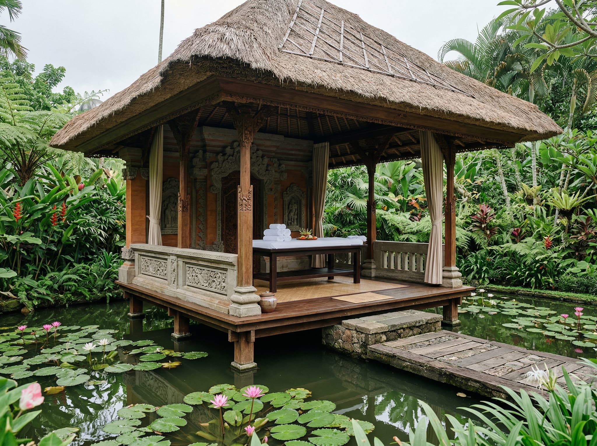 Balinese spa treatment pavilion surrounded by lotus ponds and tropical garden, showing an open-air massage sala with stone detailing and natural materials — representing the resort's spa described as among the best in Bali's luxury tier, drawing from Balinese healing traditions