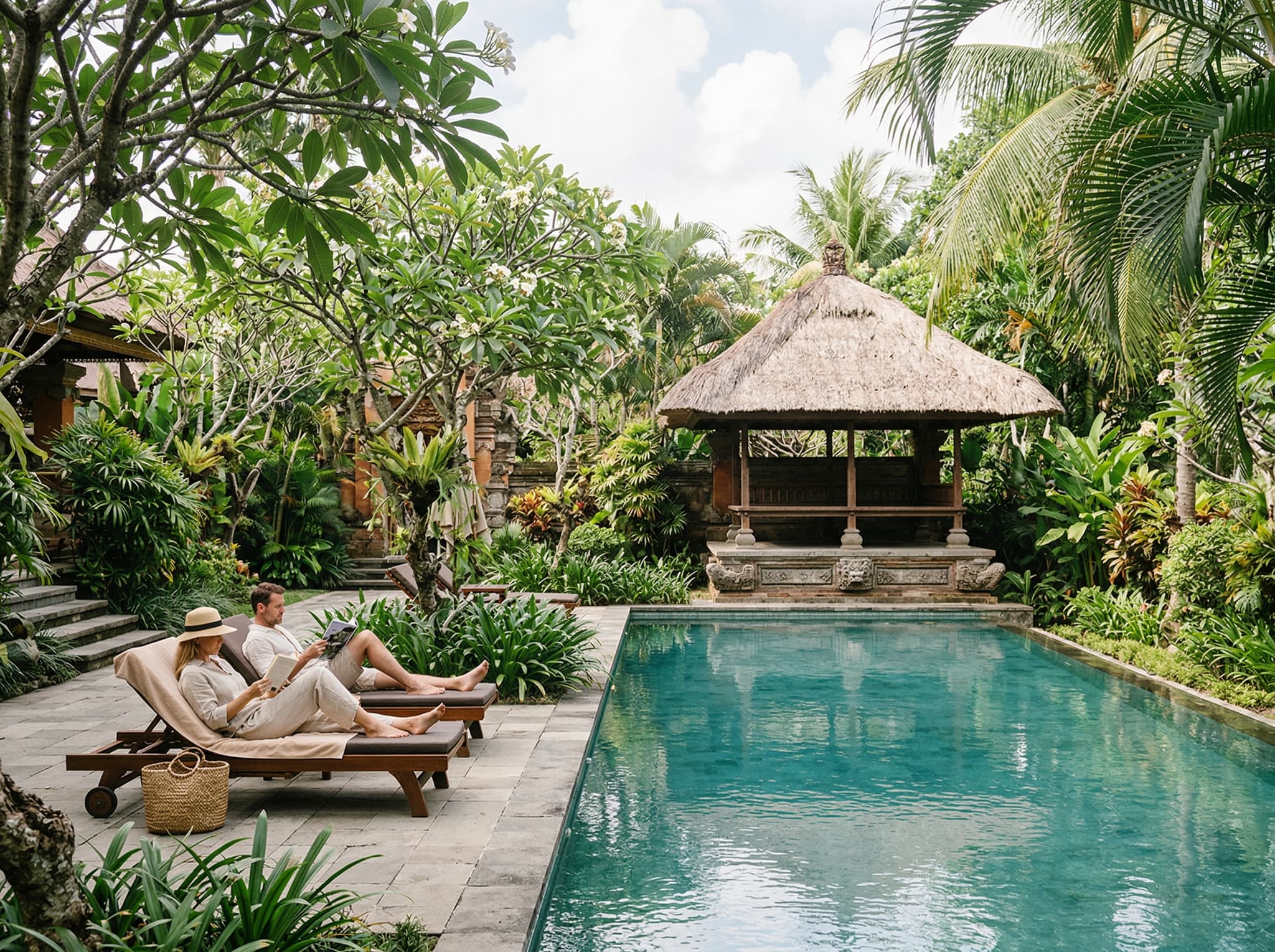 Quiet resort pool area at Four Seasons Jimbaran in the calm of mid-morning — no crowds, a few guests reading or resting, surrounded by tropical garden and traditional Balinese stone architecture — illustrating the article's point that this is deliberately not a party property, its pool scene 'calm to the point of quiet'