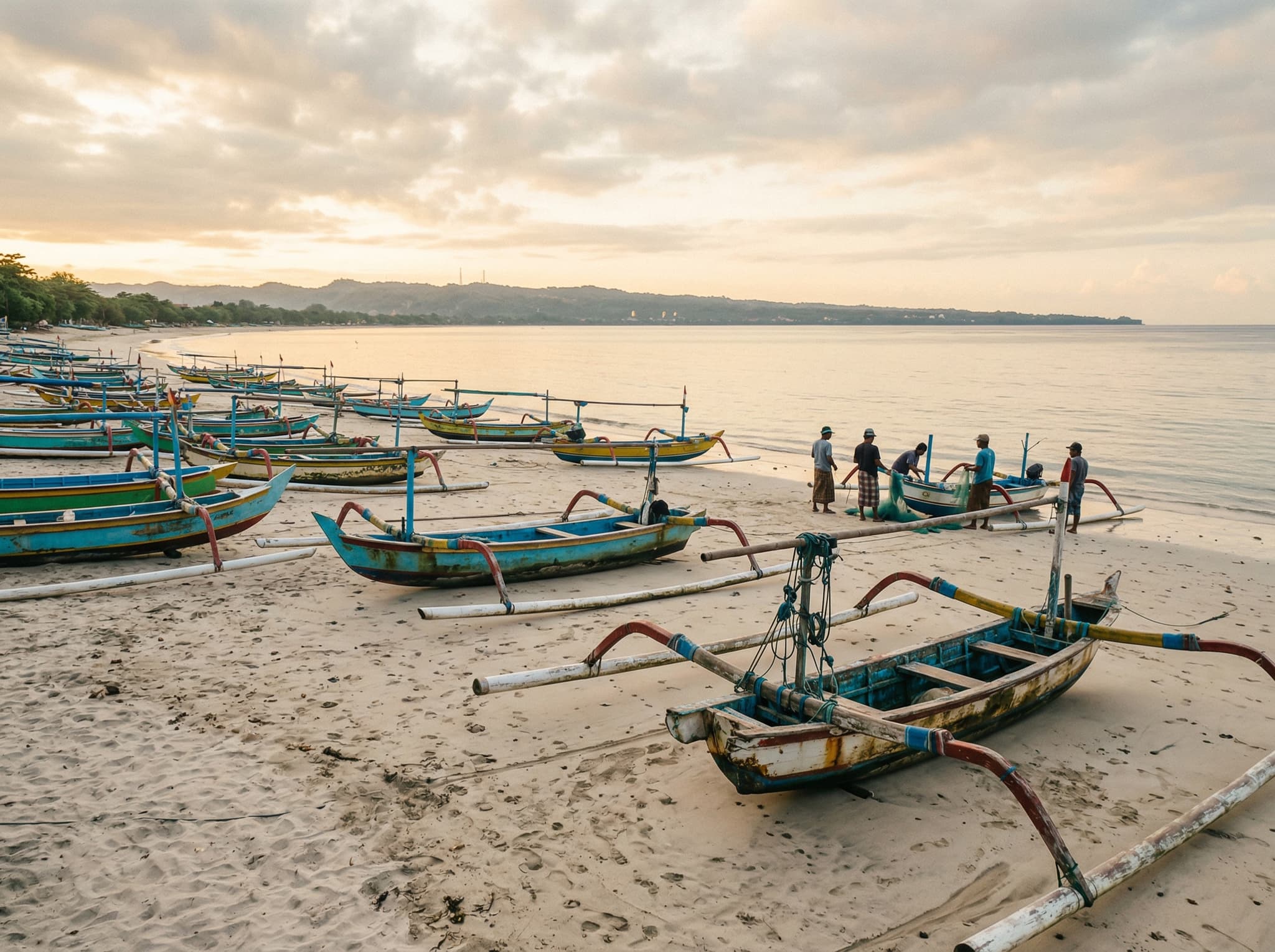 Jimbaran Bay beach at early morning with traditional Balinese jukung outrigger fishing boats resting on the sand, painted in faded blues and greens, with the calm bay behind them — the shared public beach that the article identifies as one of the resort's best features rather than a drawback
