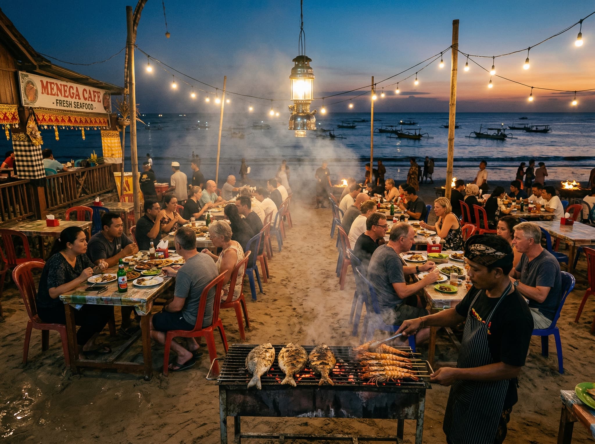 Jimbaran Beach seafood warungs at dusk or evening, with plastic tables and chairs set directly on the sand, grills smoking, whole fish being prepared, local families and tourists dining together — the beachfront dining scene the article describes as Jimbaran's most famous draw, a short walk from the resort