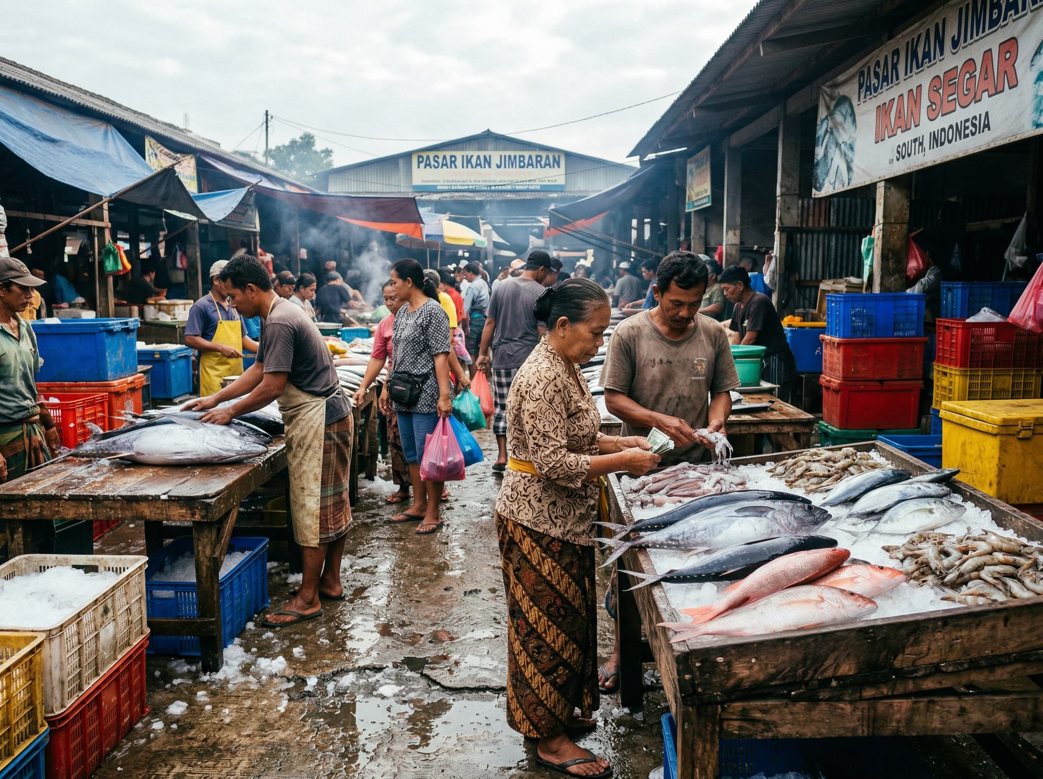 Jimbaran Fish Market, a short walk south of the resort, showing fresh catch displayed on ice — tuna, snapper, prawns — with local vendors and buyers in the early morning, illustrating the working fishing village character of Jimbaran that distinguishes this part of Bali from Seminyak or Canggu