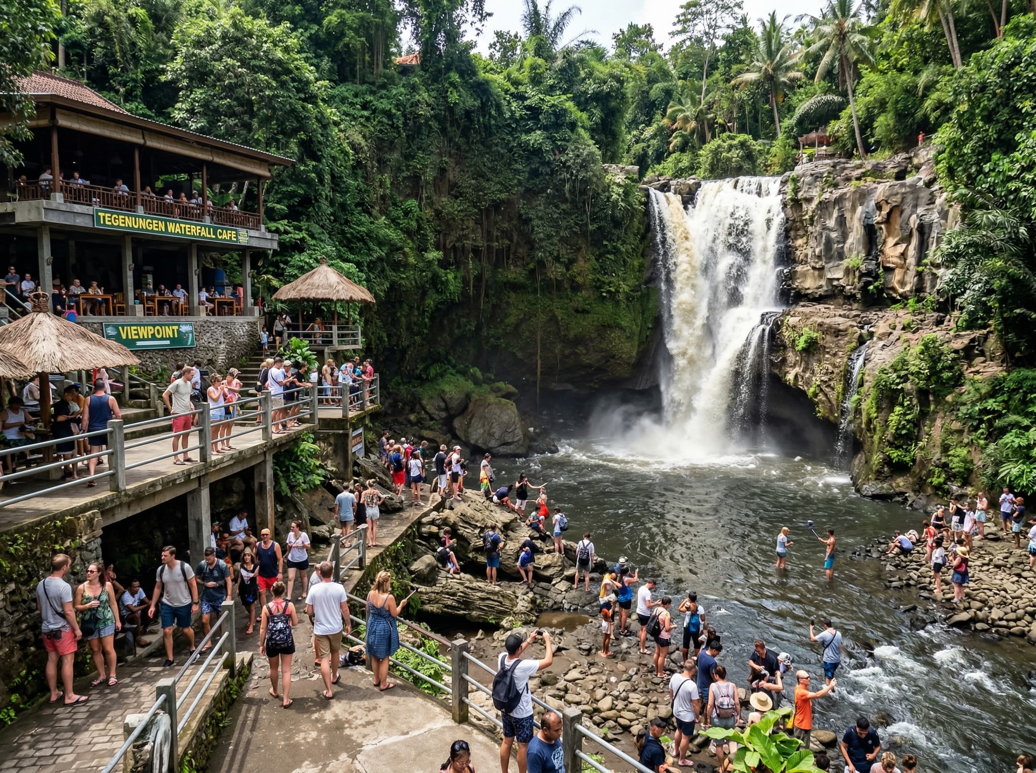 Swimmers enjoying the natural pool at the base of Tibumana Waterfall in Bali, with the cascade visible in the background — illustrating the swimmable, family-friendly conditions described in the article