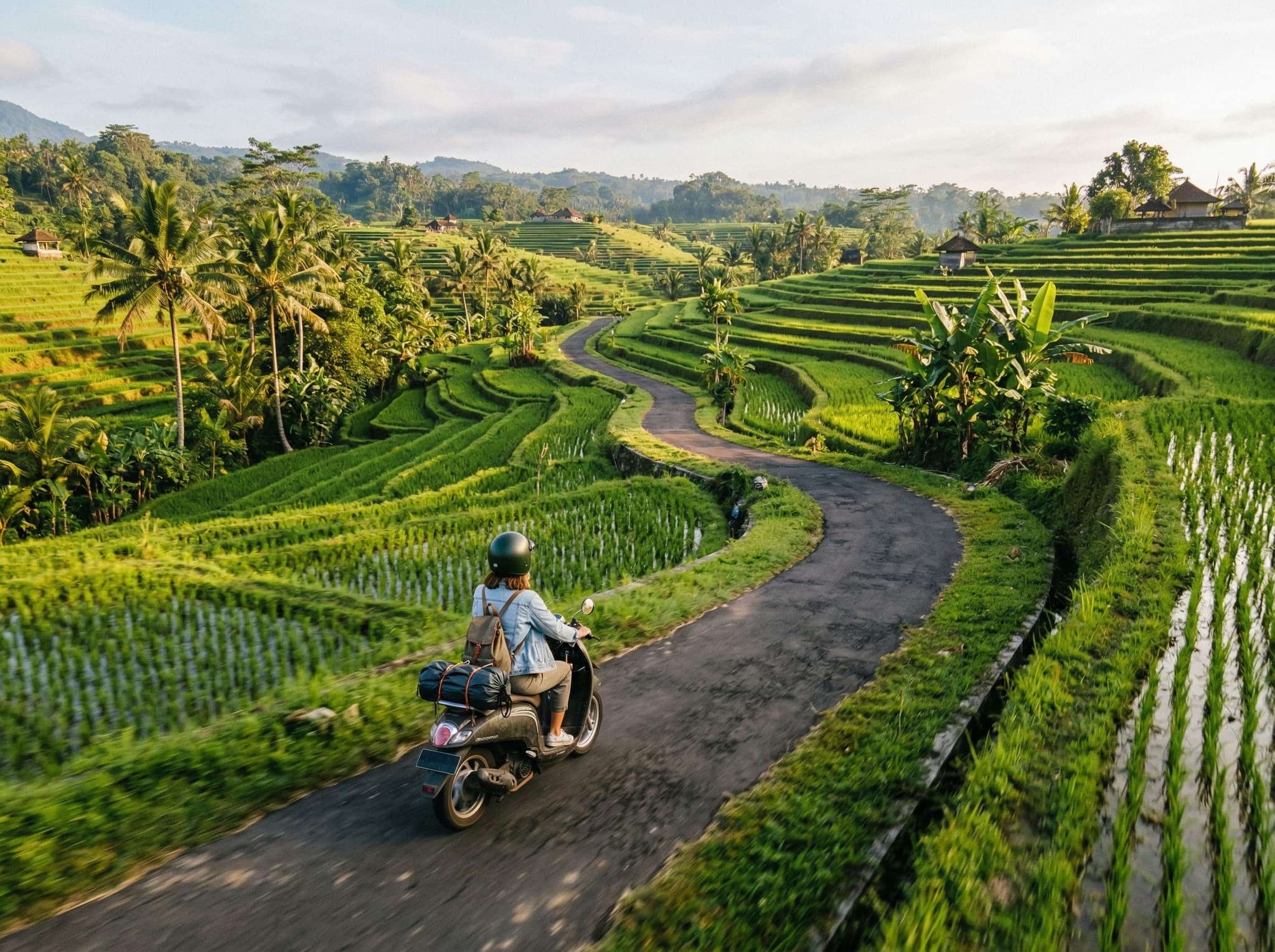 A scooter rider on a rural road through Balinese rice terraces between Ubud and Bangli Regency, representing the 25–30 minute scooter ride described as the primary way to reach Tibumana Waterfall